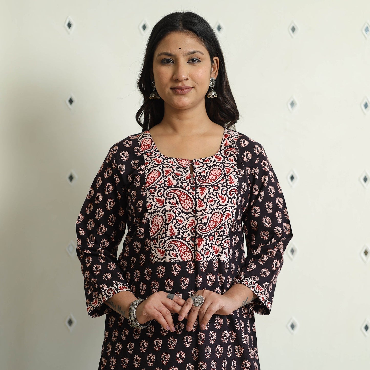 Buy Black - Block Print Cotton Straight Bagh Kurta For Women