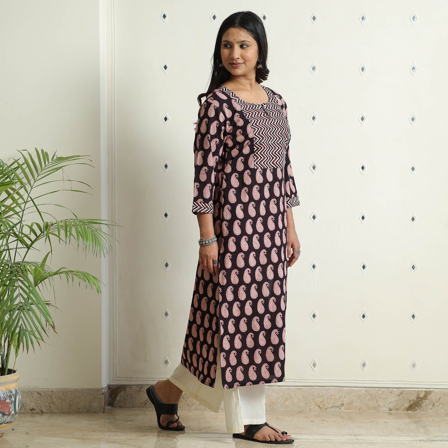Black - Block Print Cotton Straight Bagh Kurta For Women