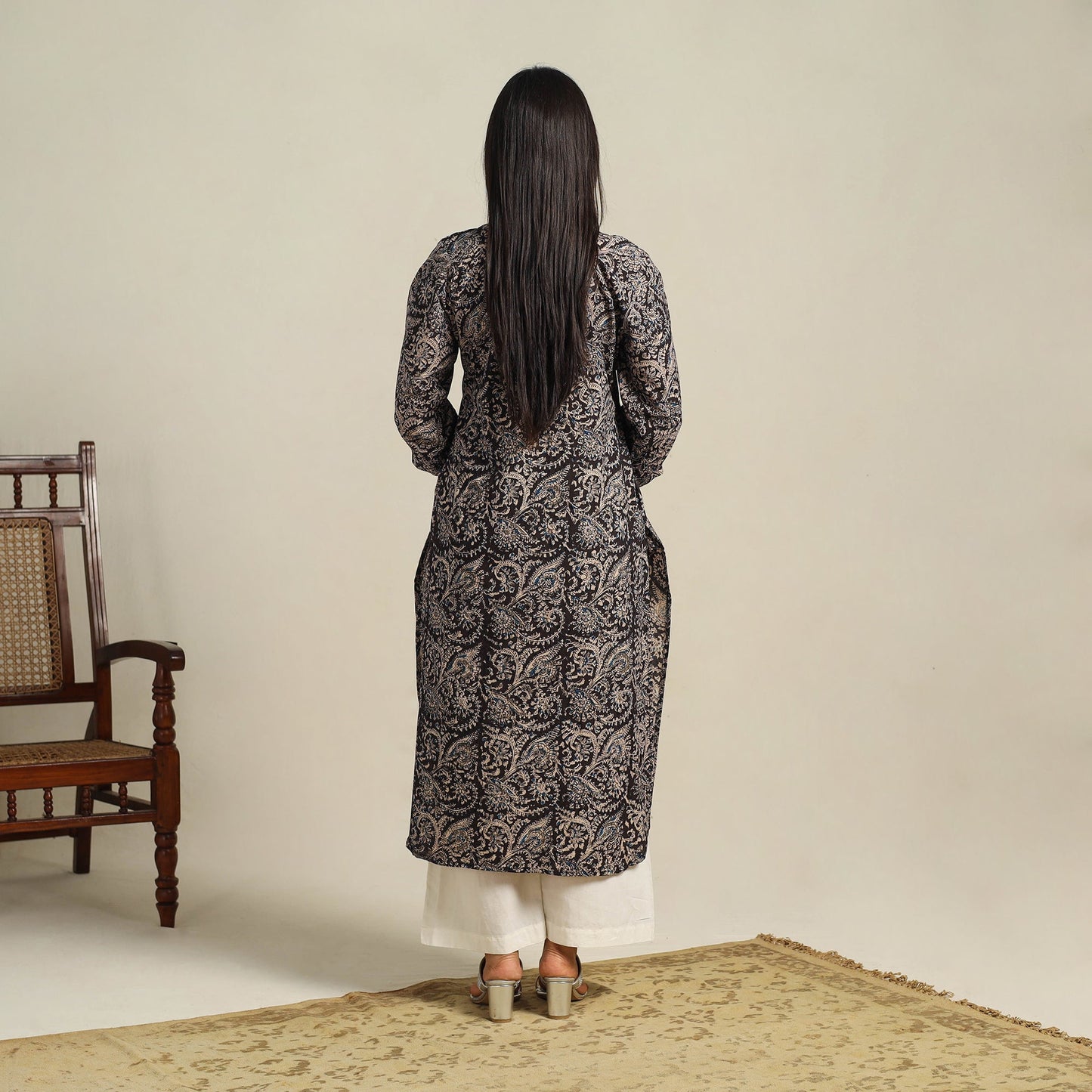 Black Block Print Cotton Straight Kalamkari Kurta For Women