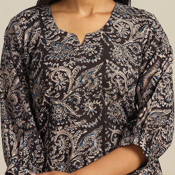 Black Block Print Cotton Straight Kalamkari Kurta For Women