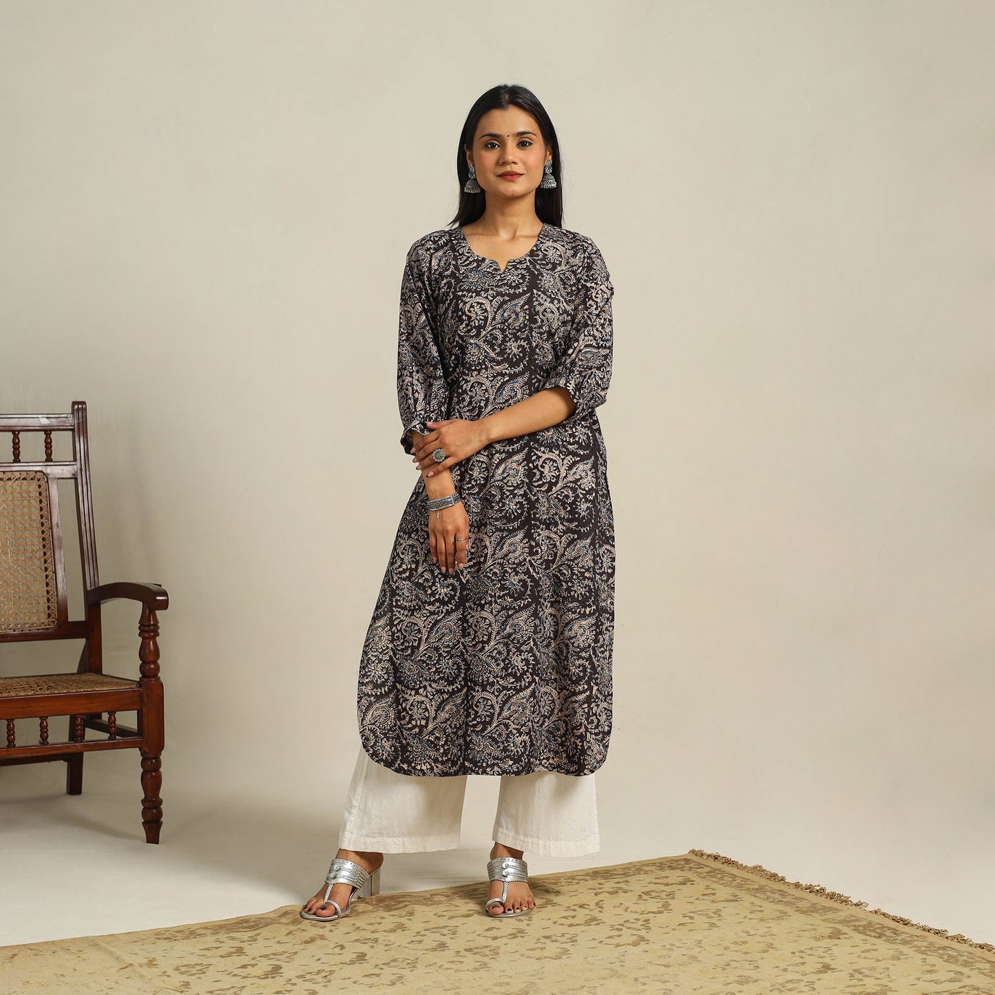 Black Block Print Cotton Straight Kalamkari Kurta For Women