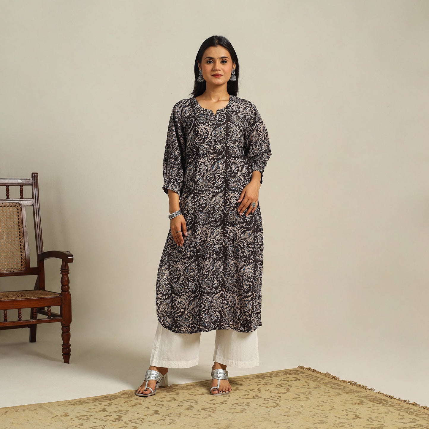 Black Block Print Cotton Straight Kalamkari Kurta For Women