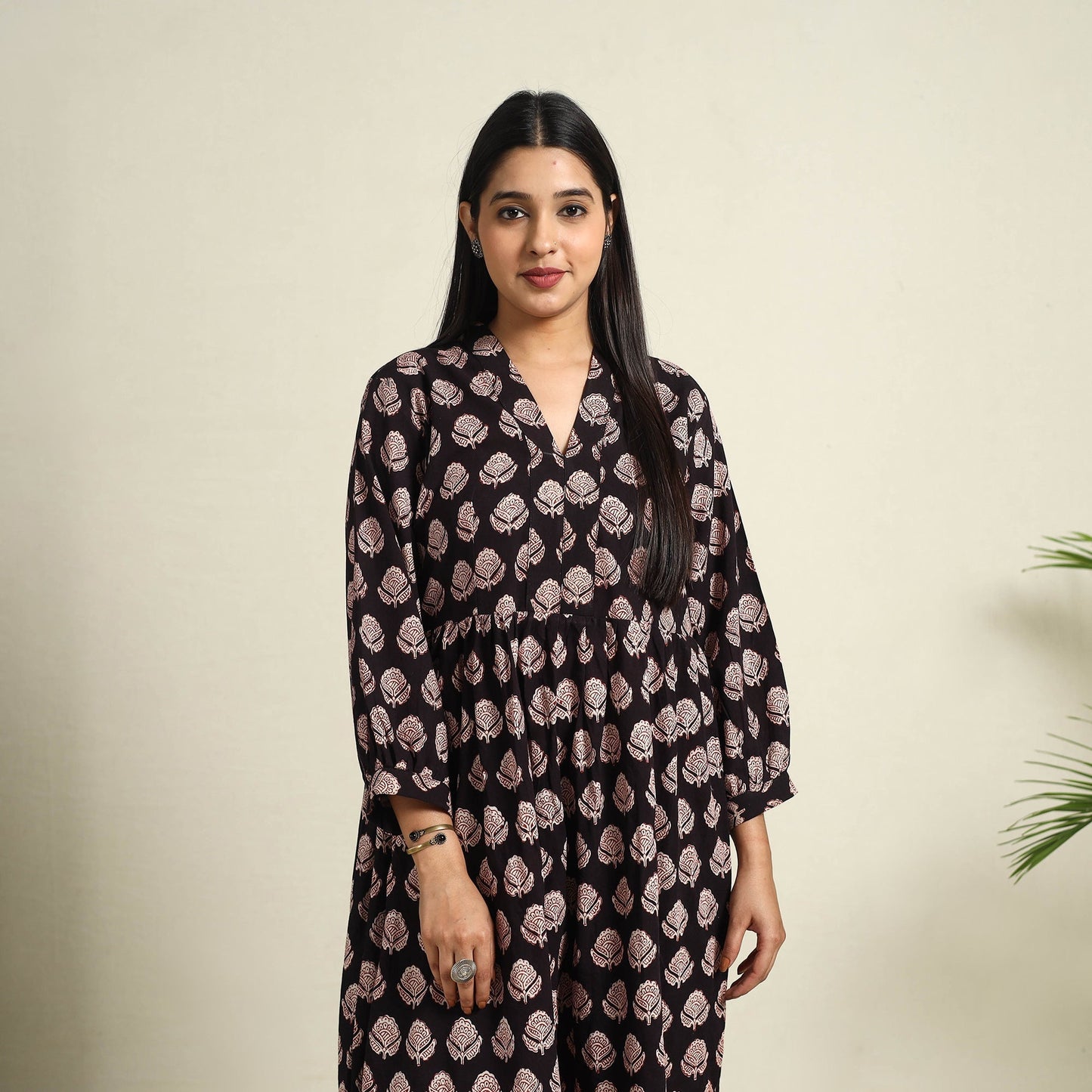 Buy Black Block Print Cotton Tiered Bagh Dress
