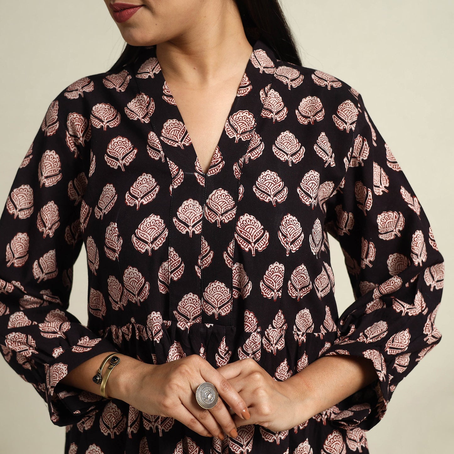 Buy Black Block Print Cotton Tiered Bagh Dress