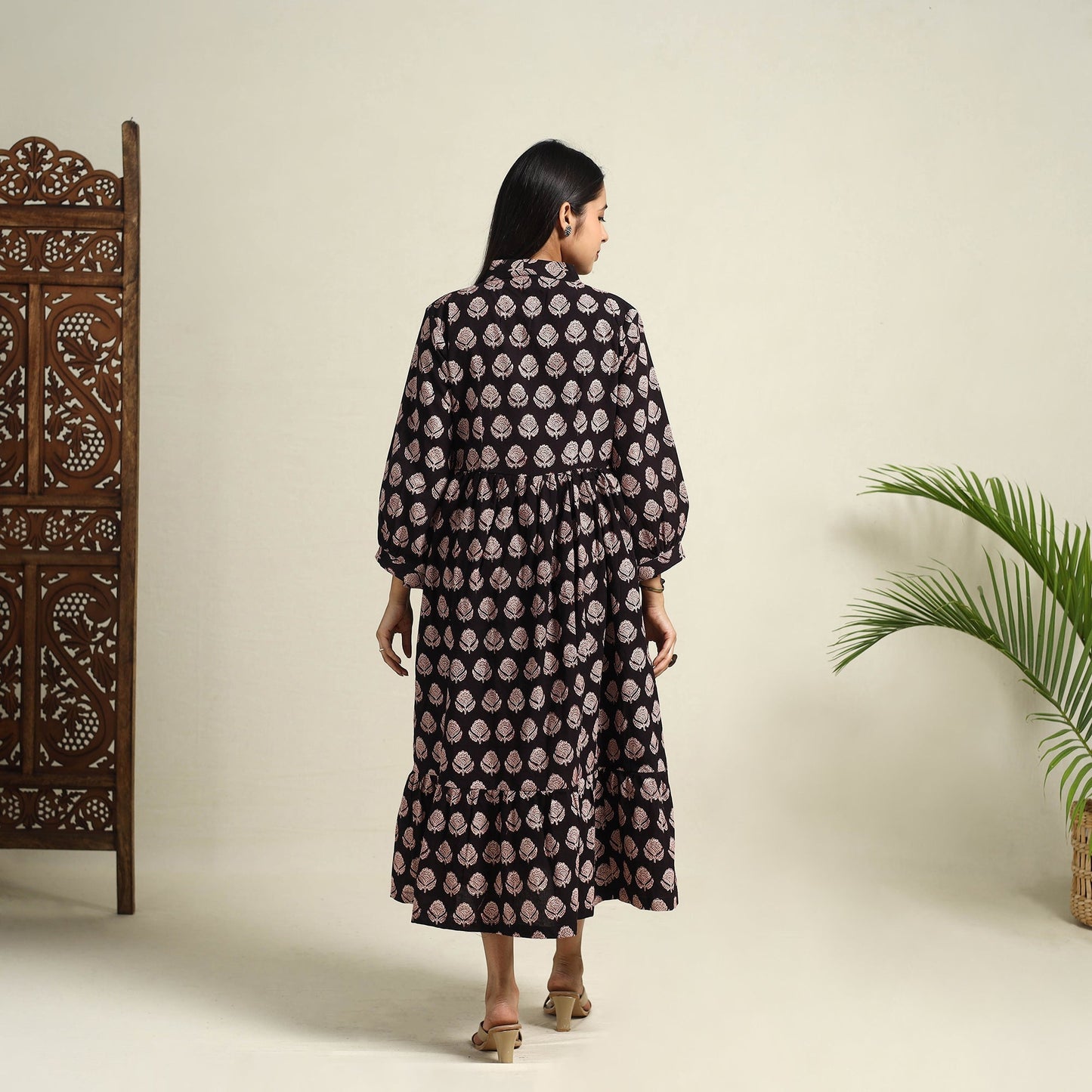 Buy Black Block Print Cotton Tiered Bagh Dress