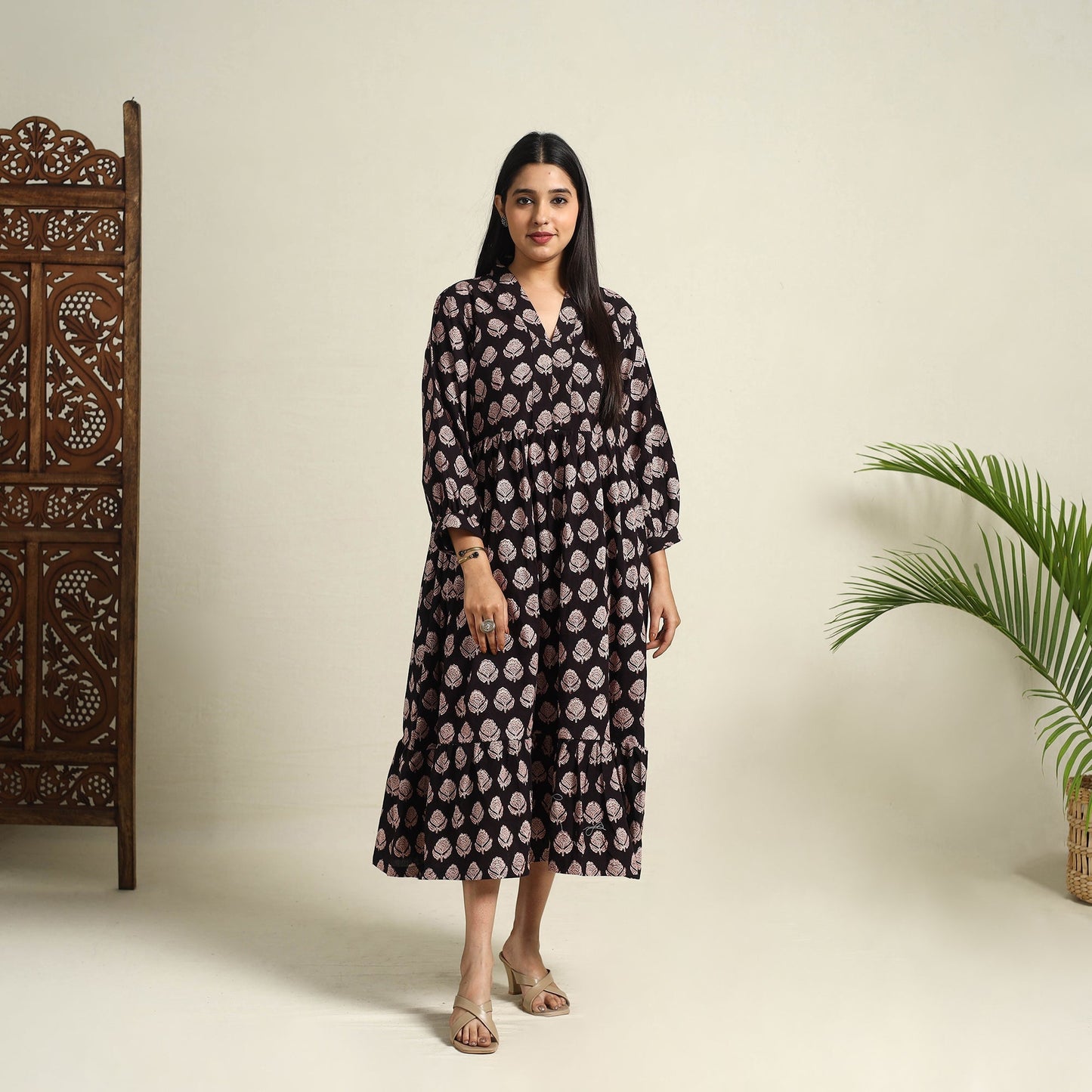 Buy Black Block Print Cotton Tiered Bagh Dress