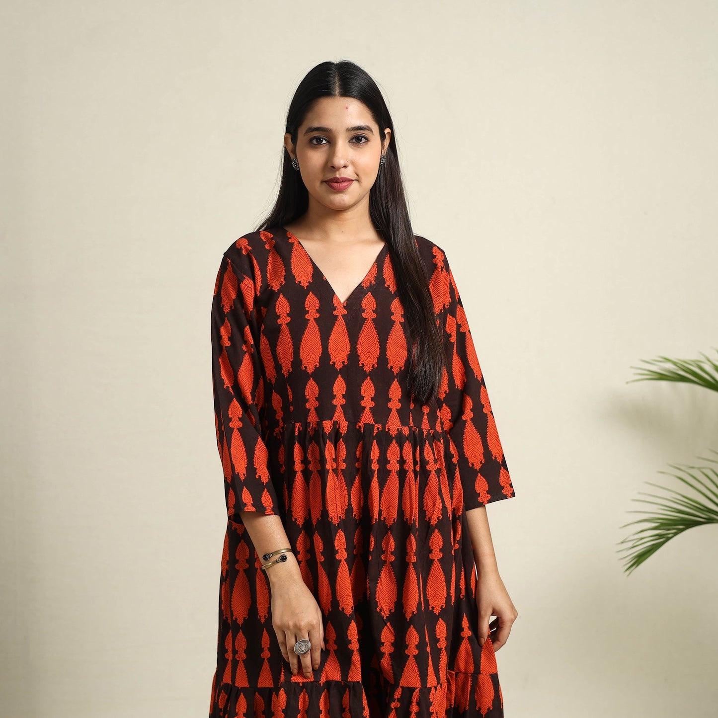 Buy Black Block Print Cotton Tiered Bagh Dress