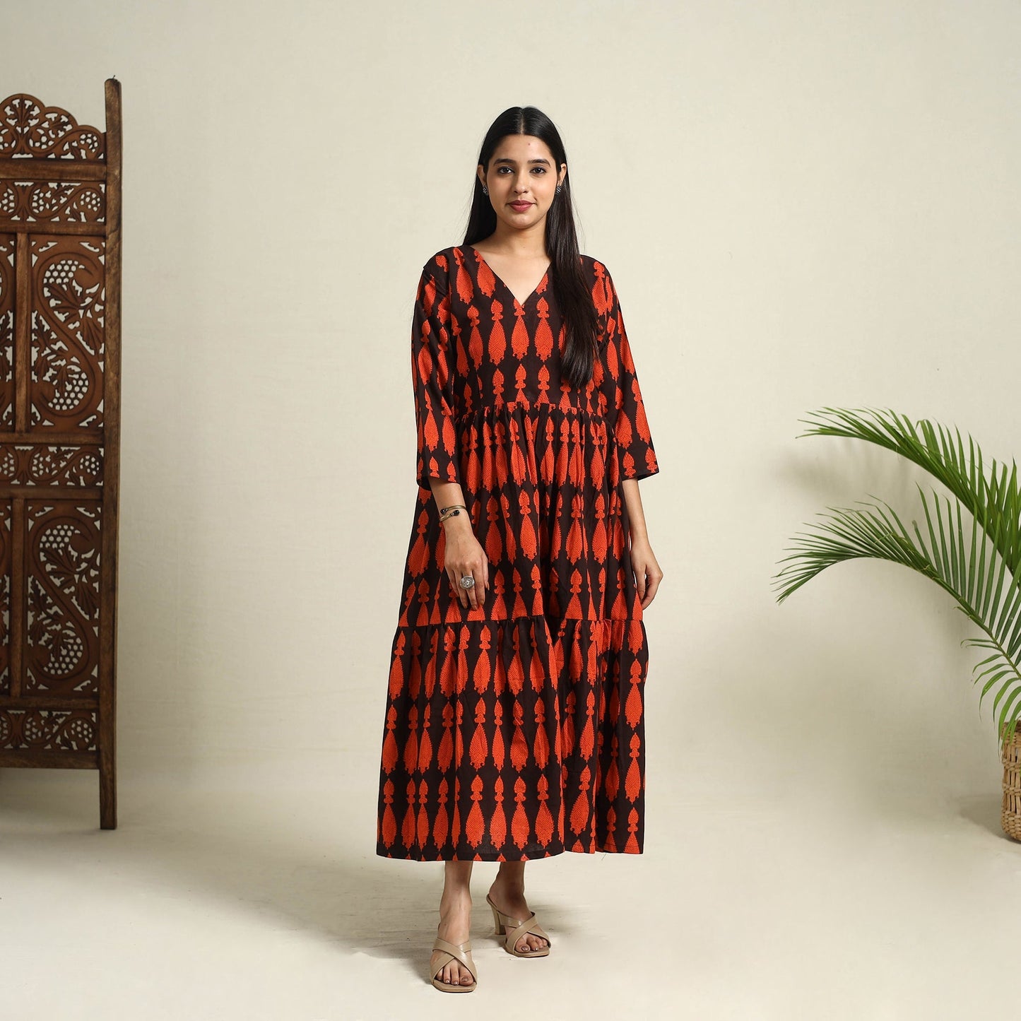 Buy Black Block Print Cotton Tiered Bagh Dress