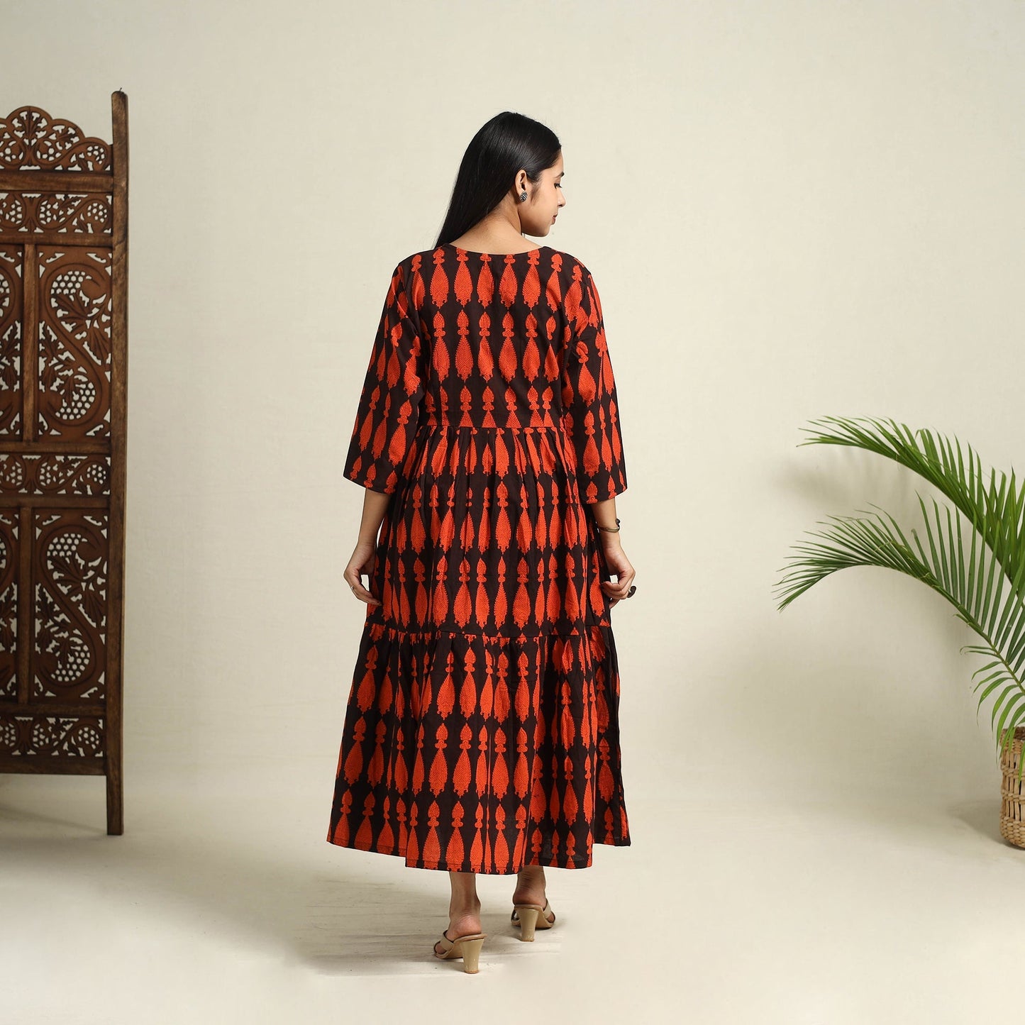 Buy Black Block Print Cotton Tiered Bagh Dress