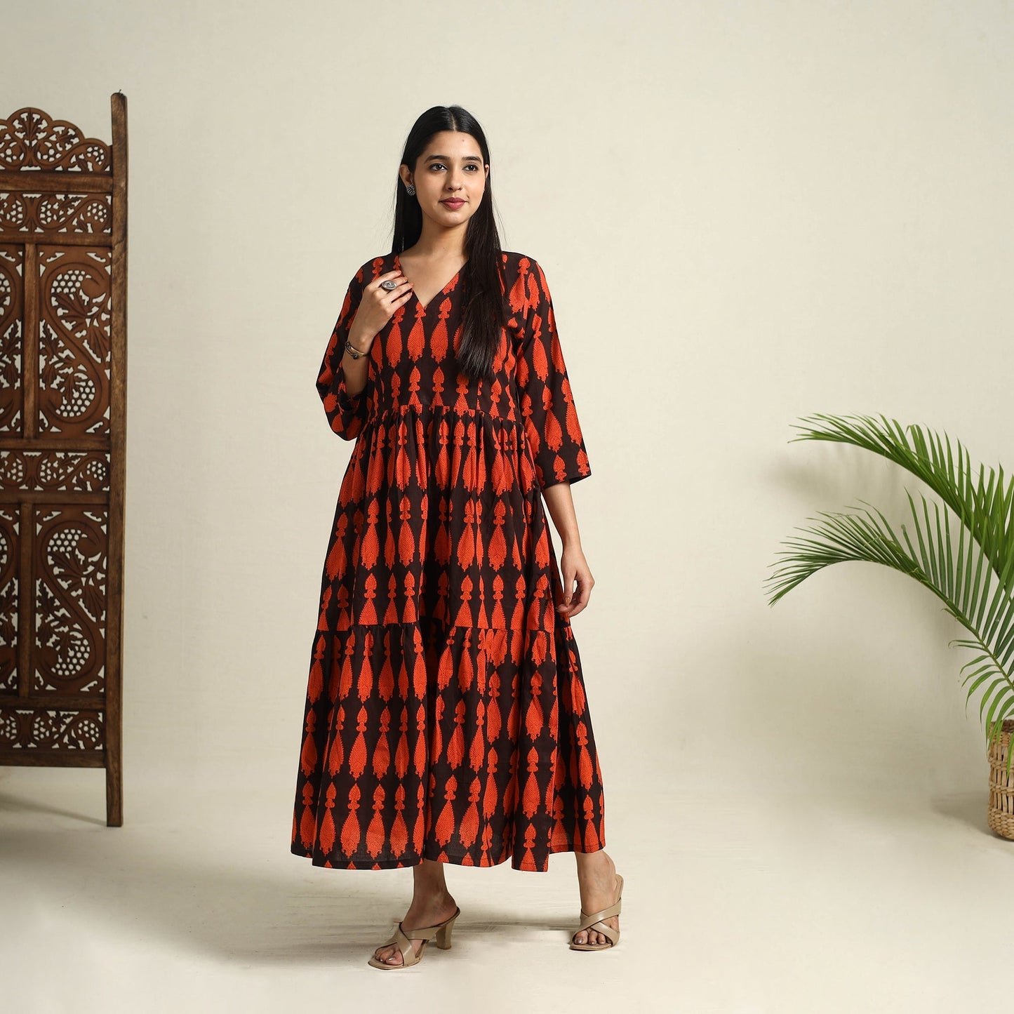 Buy Black Block Print Cotton Tiered Bagh Dress