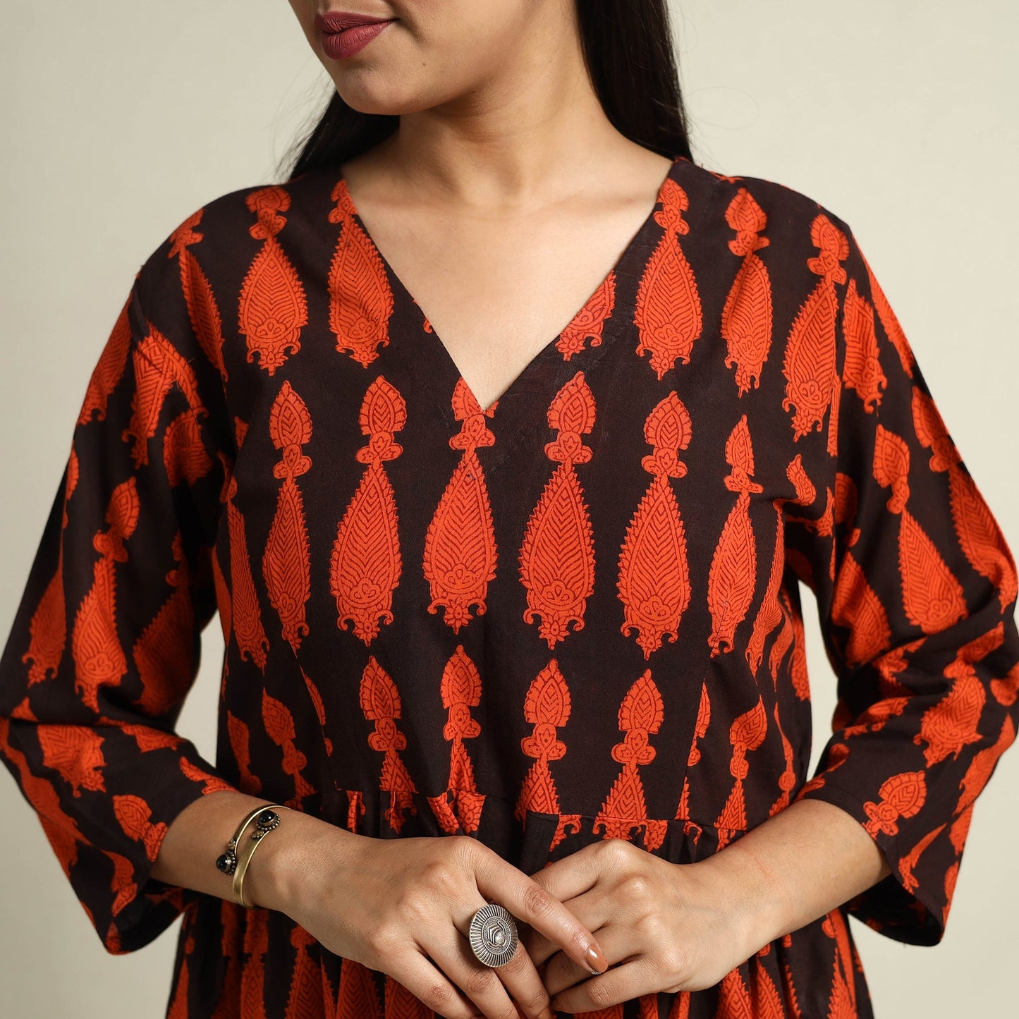 Buy Black Block Print Cotton Tiered Bagh Dress