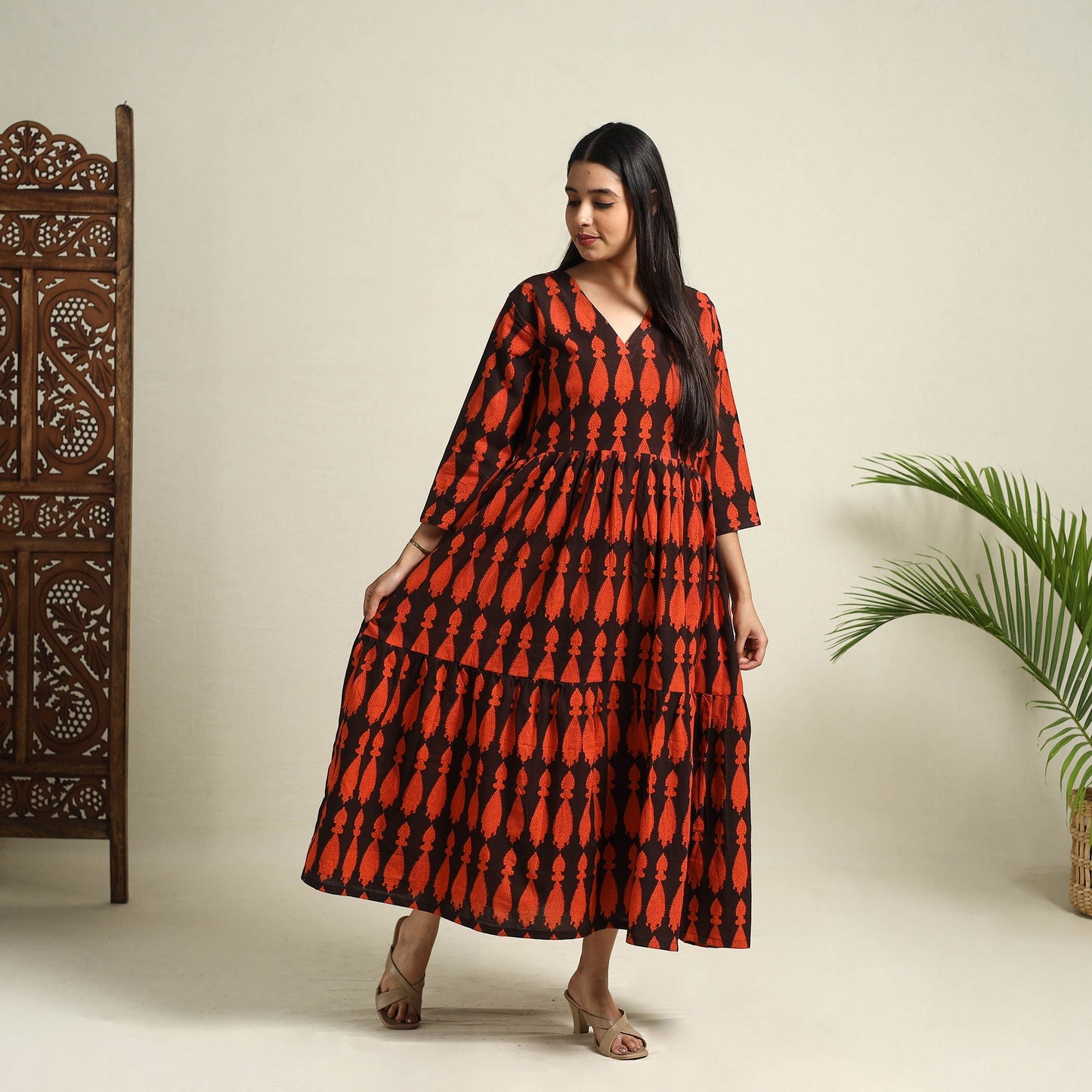 Buy Black Block Print Cotton Tiered Bagh Dress