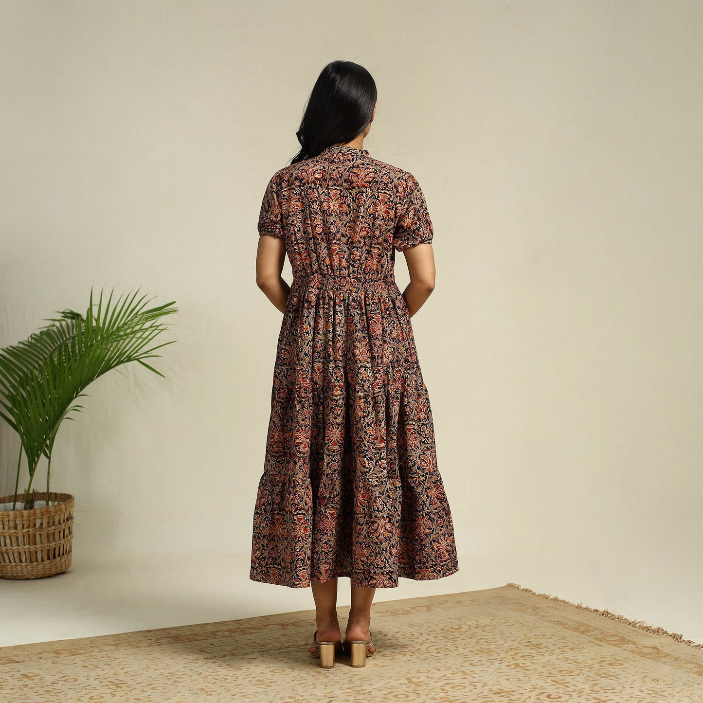 Black Block Print Cotton Tiered Kalamkari Dress