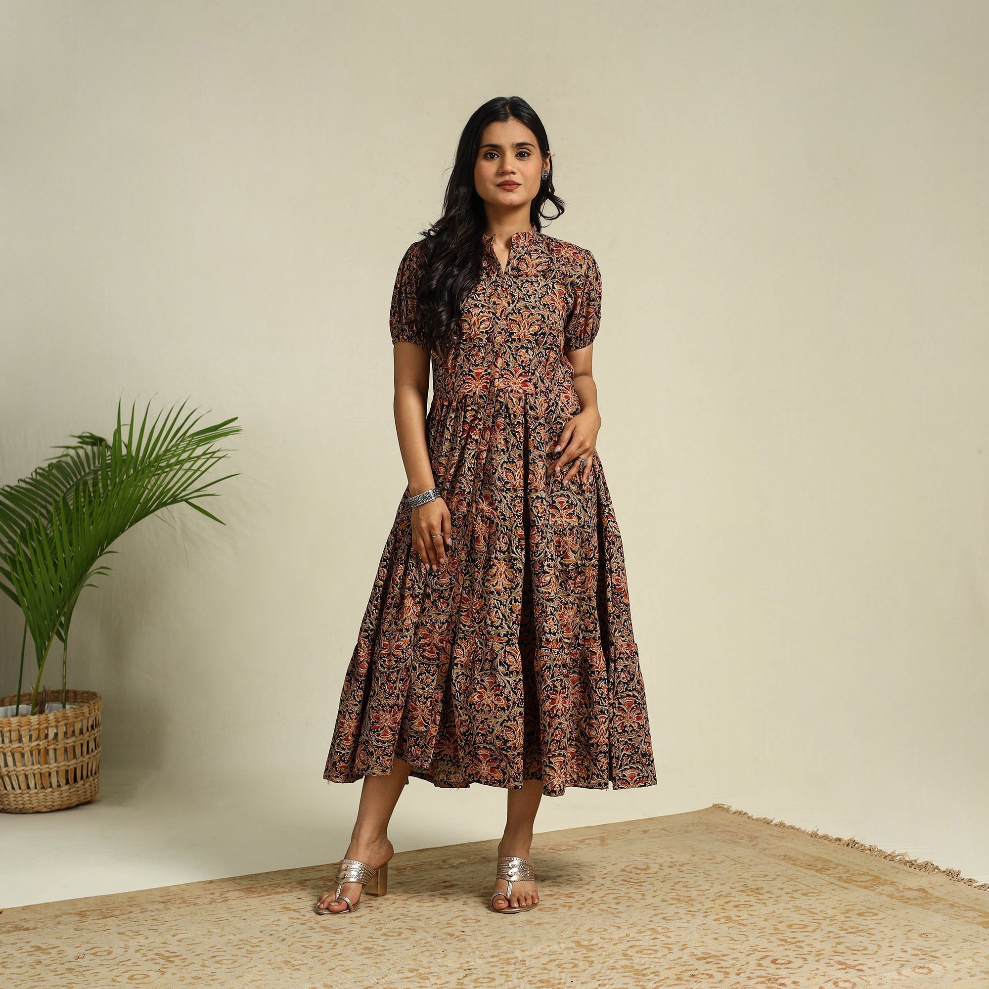 Kalamkari Pochampally Long Frock Designs Black Block Print Cotton Tiered Kalamkari Dress Kalamkari Pochampally Long Frock Designs Black Block Print Cotton Tiered Kalamkari Dress