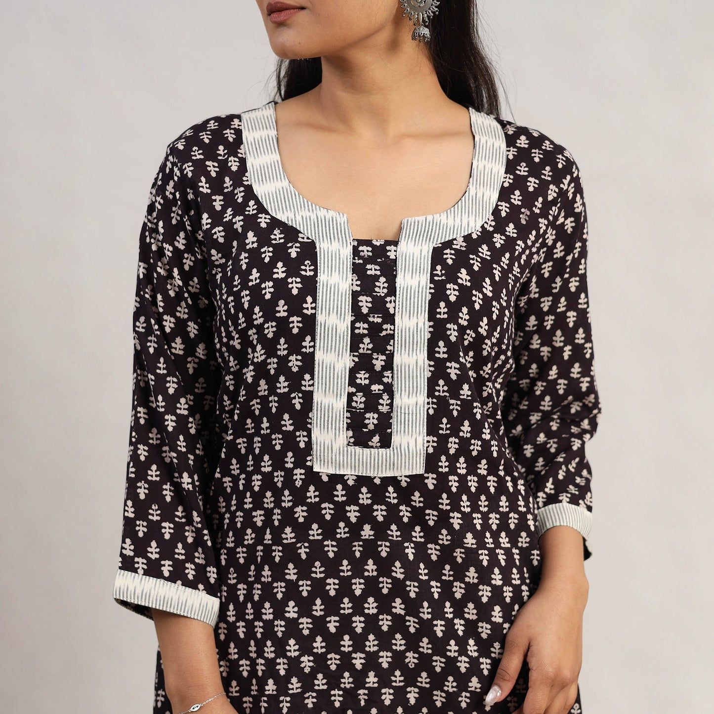 Black Block Print Mul Cotton Straight Bagh Kurta for Women