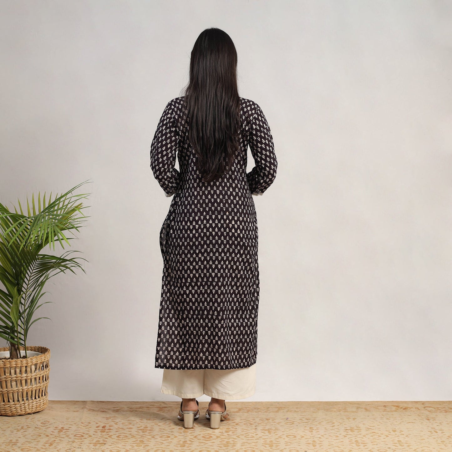 Black Block Print Mul Cotton Straight Bagh Kurta for Women
