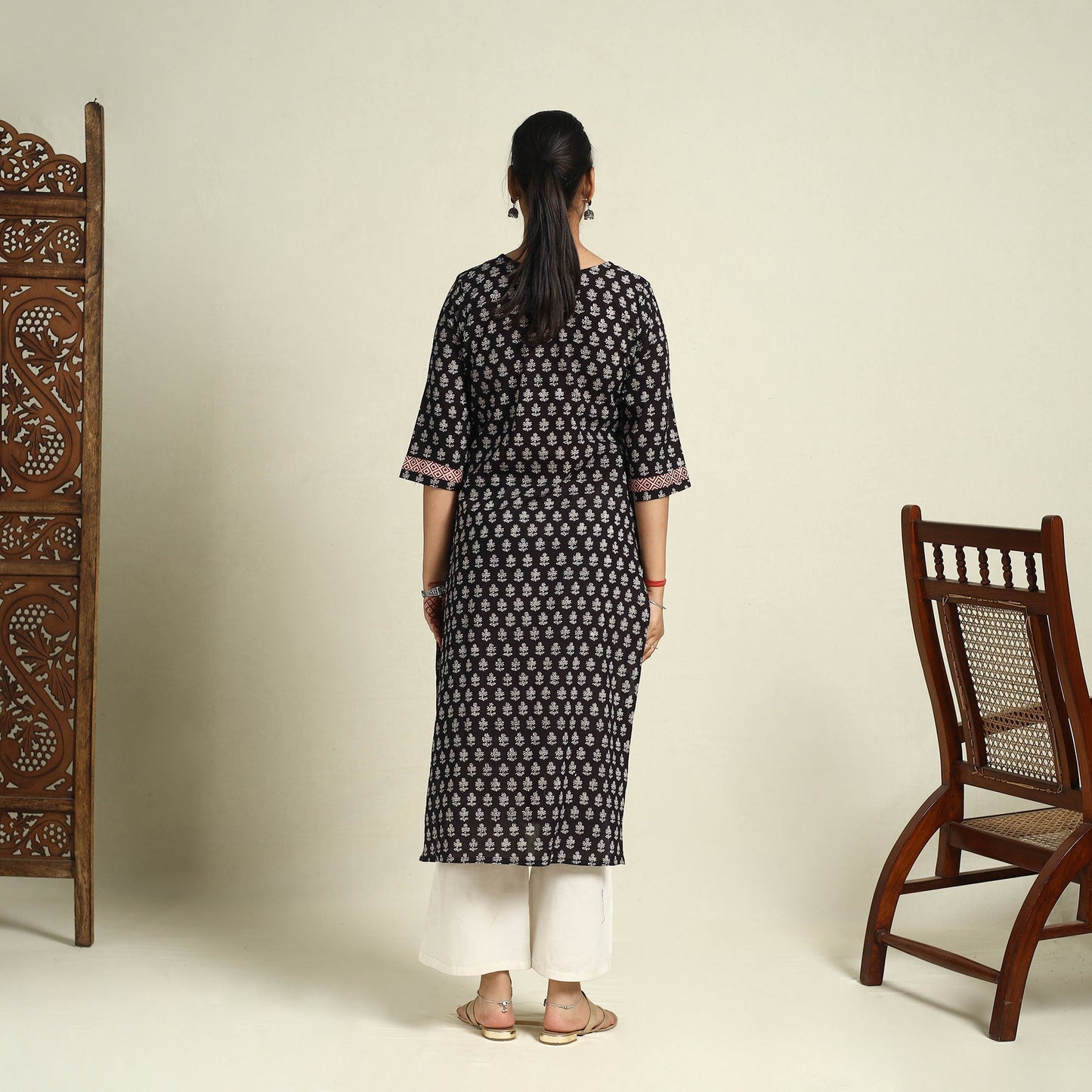 Black Block Print Mul Cotton Straight Bagh Kurta for Women