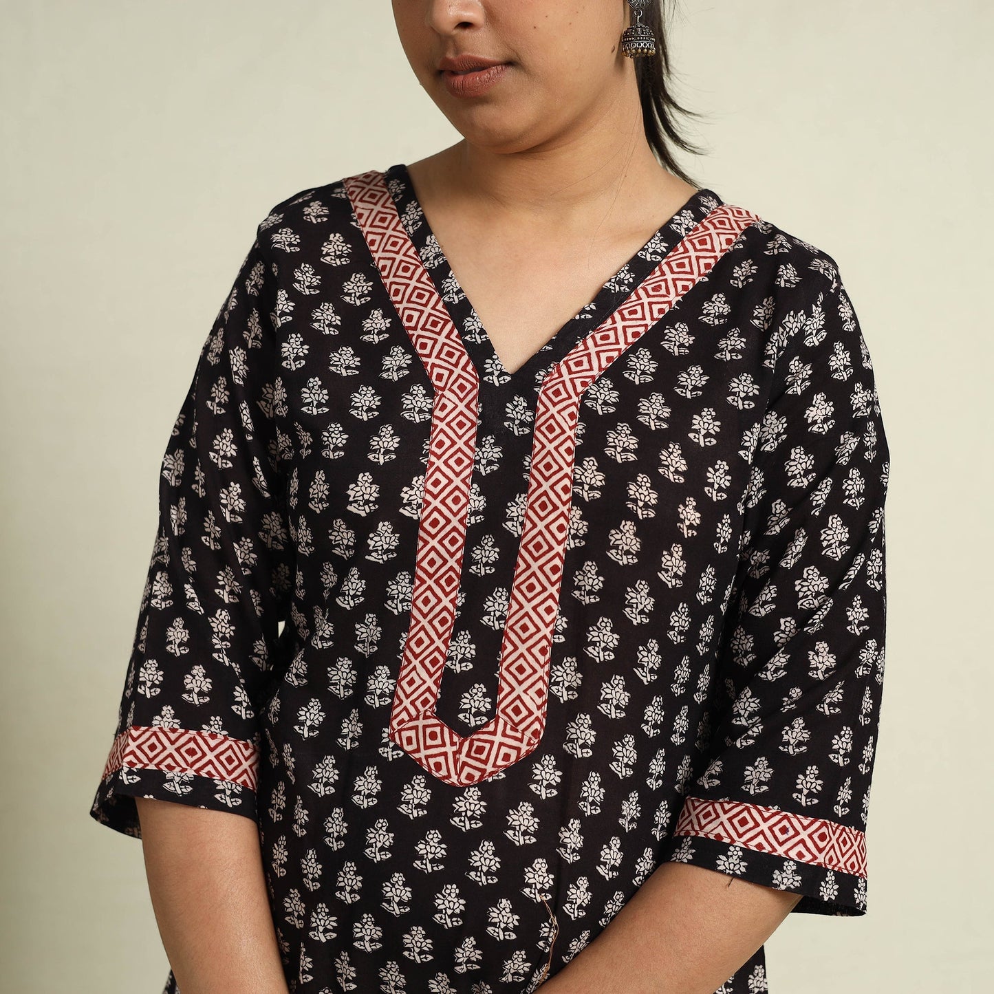 Black Block Print Mul Cotton Straight Bagh Kurta for Women