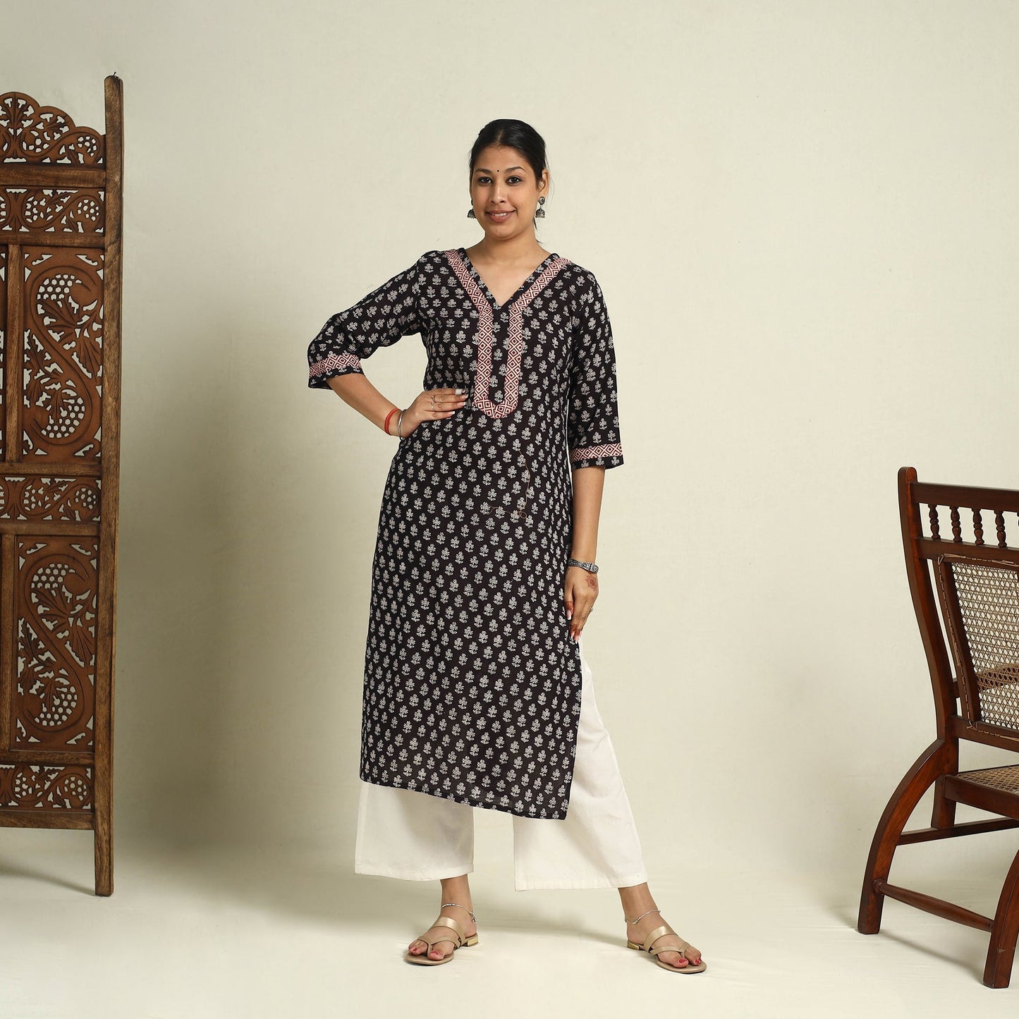 Black Block Print Mul Cotton Straight Bagh Kurta for Women