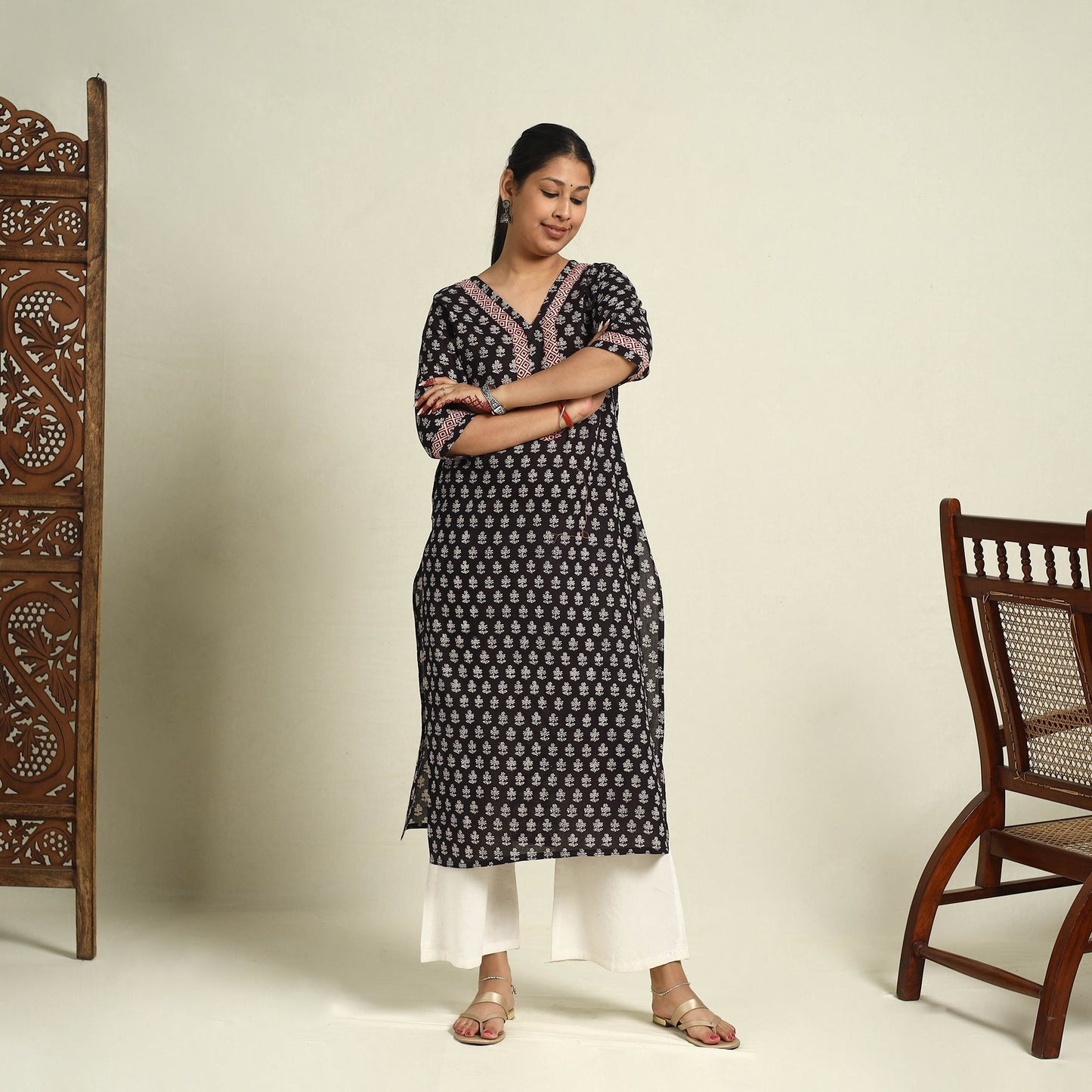 Black Block Print Mul Cotton Straight Bagh Kurta for Women