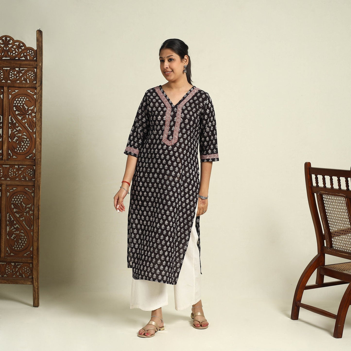 Black Block Print Mul Cotton Straight Bagh Kurta for Women