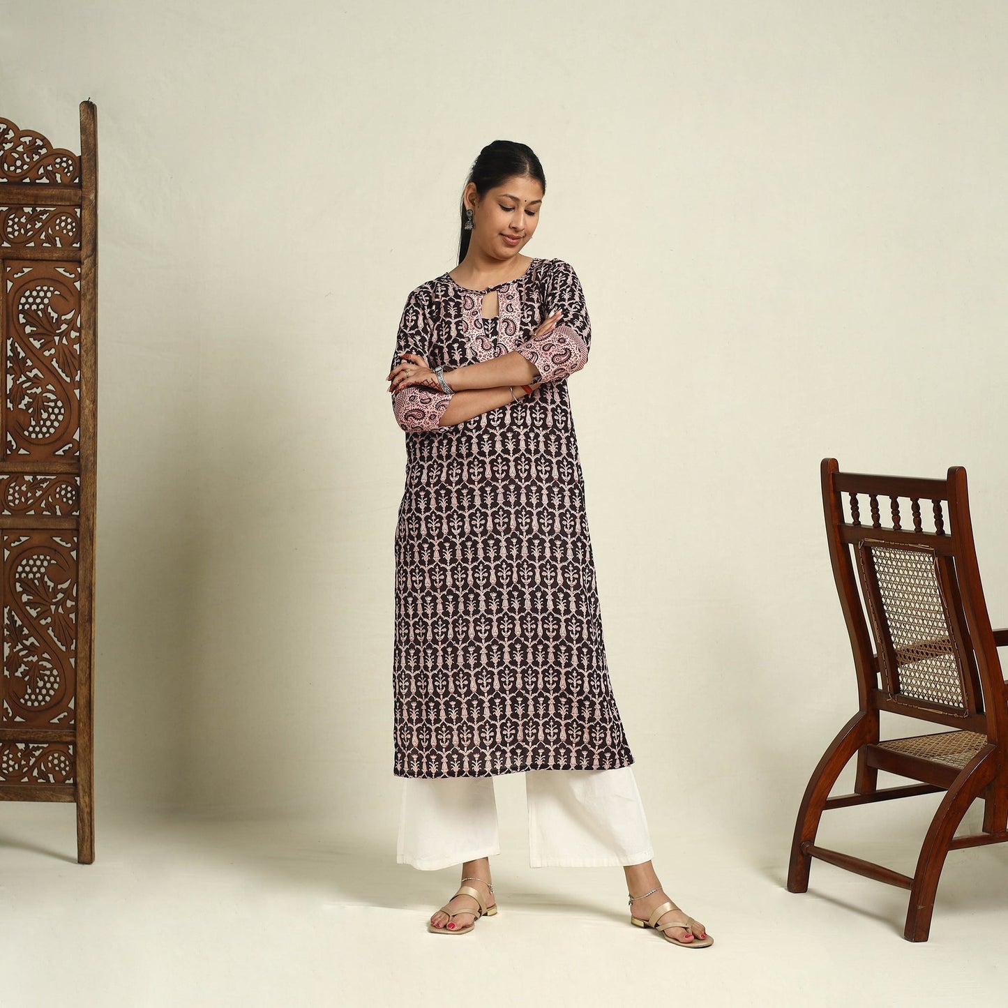 Black Block Print Mul Cotton Straight Bagh Kurta for Women