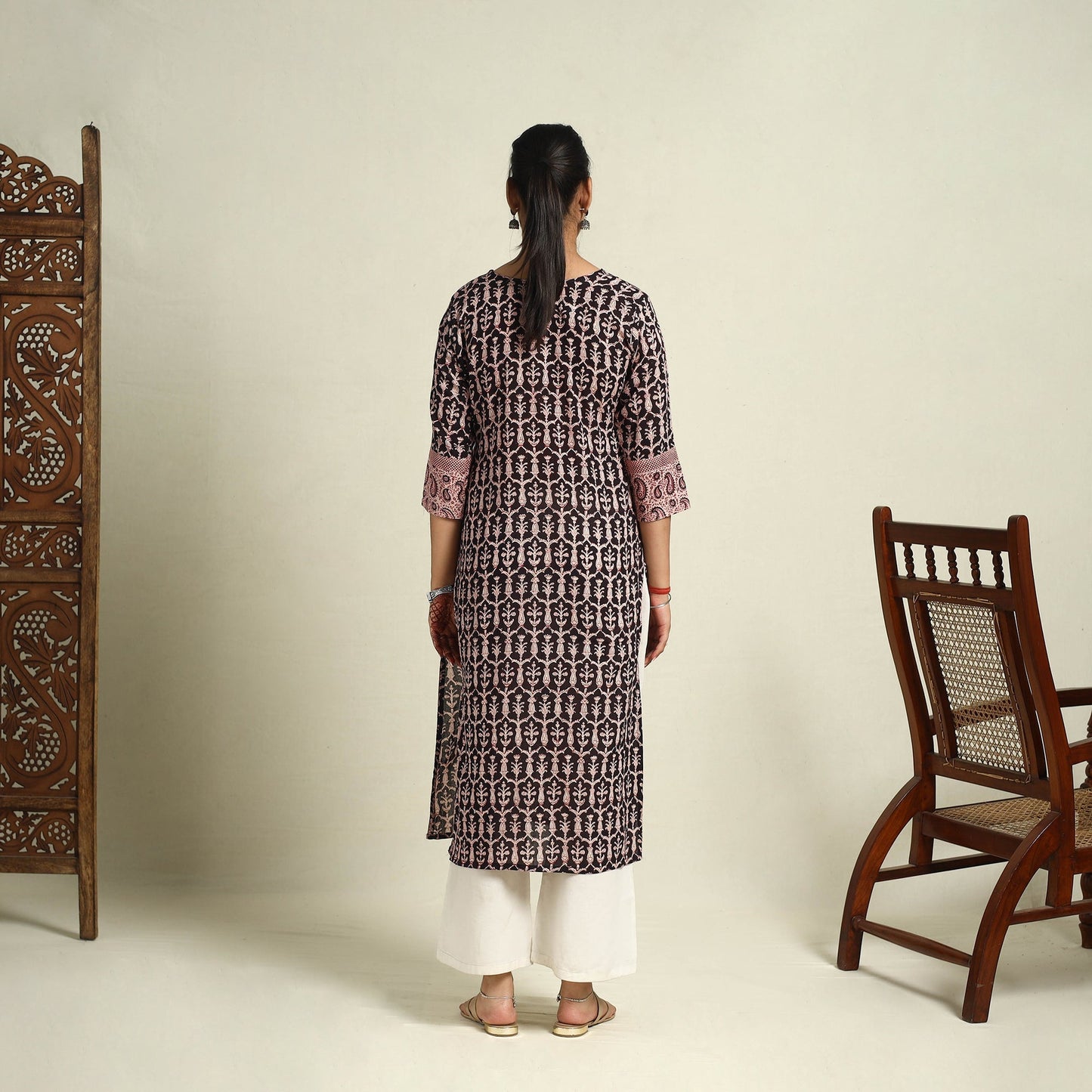 Black Block Print Mul Cotton Straight Bagh Kurta for Women