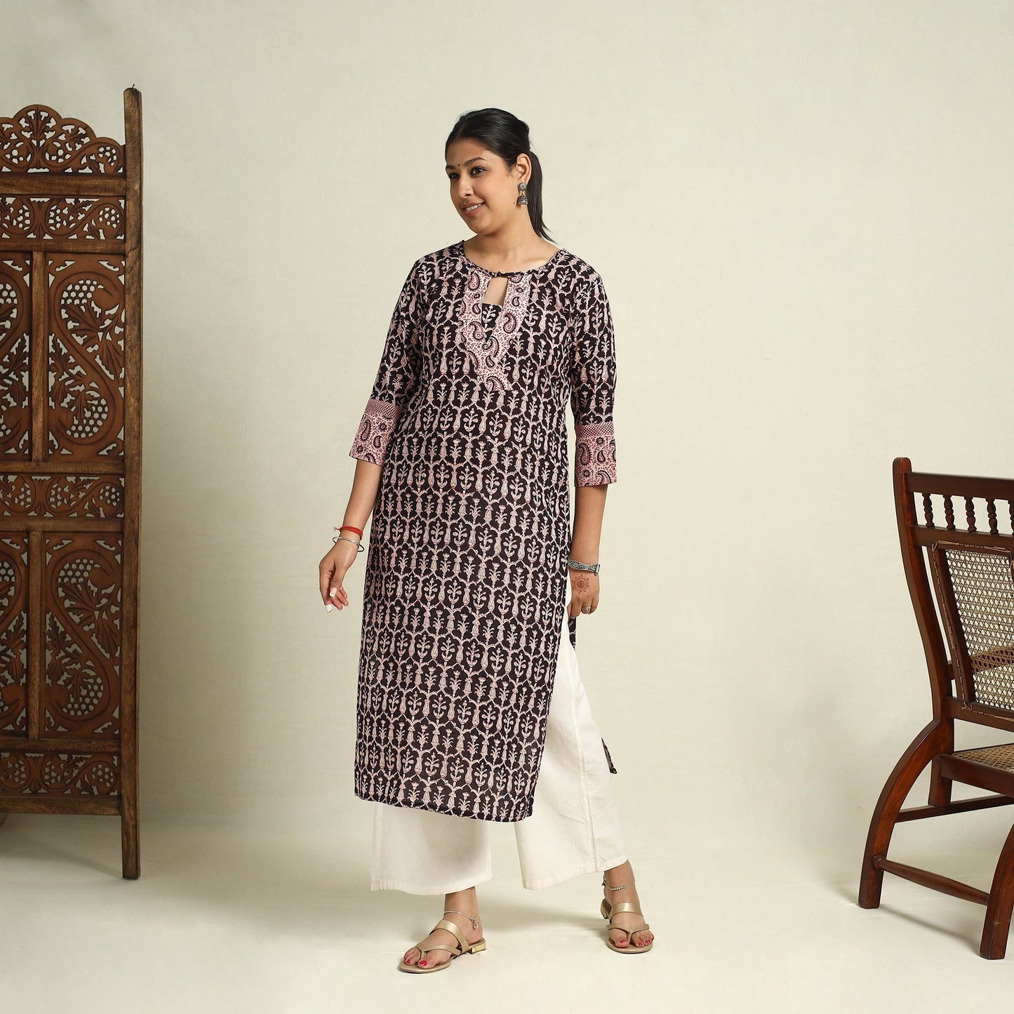 Black Block Print Mul Cotton Straight Bagh Kurta for Women