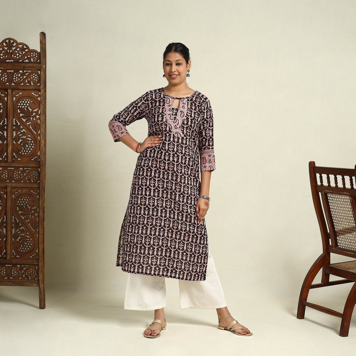 Black Block Print Mul Cotton Straight Bagh Kurta for Women