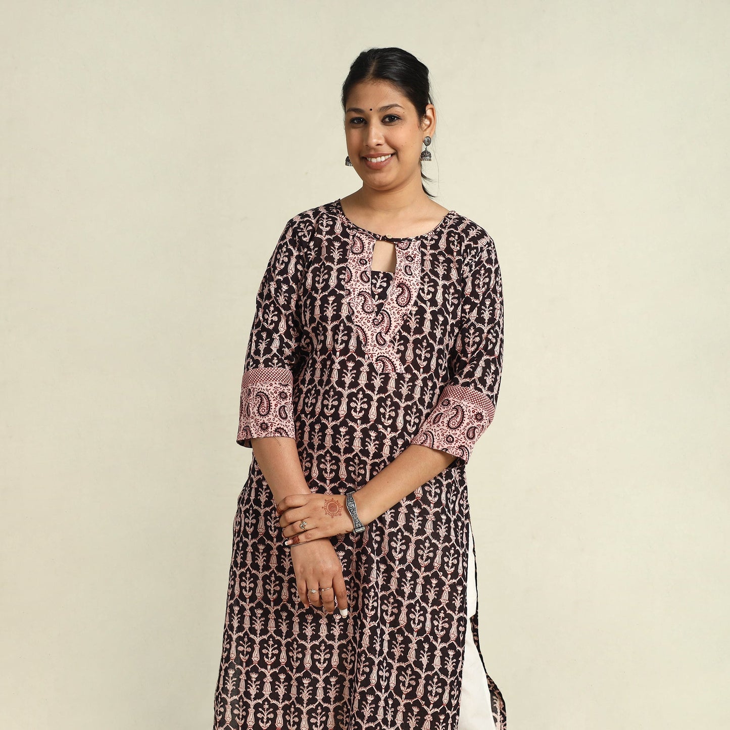 Black Block Print Mul Cotton Straight Bagh Kurta for Women