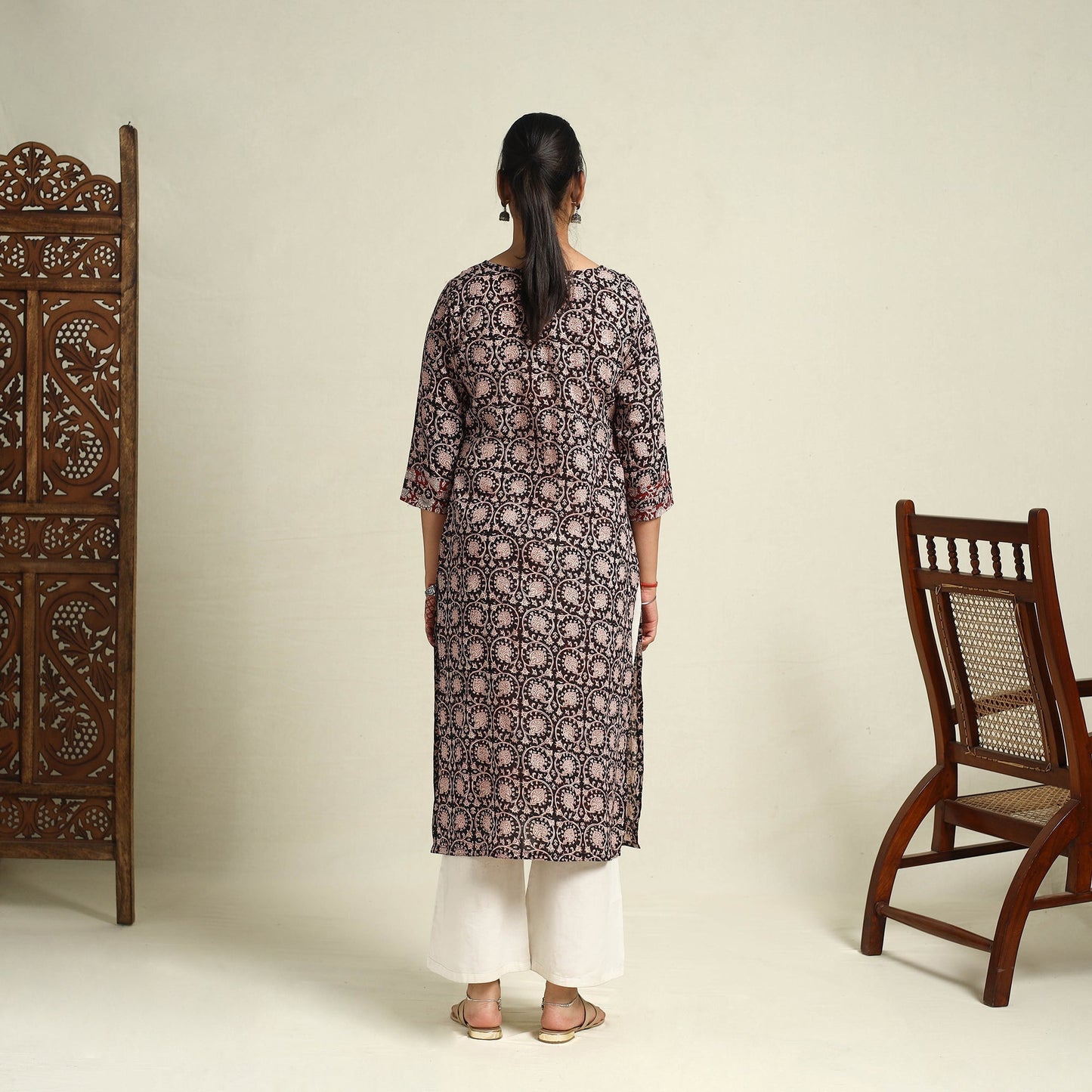 Black Block Print Mul Cotton Straight Bagh Kurta for Women