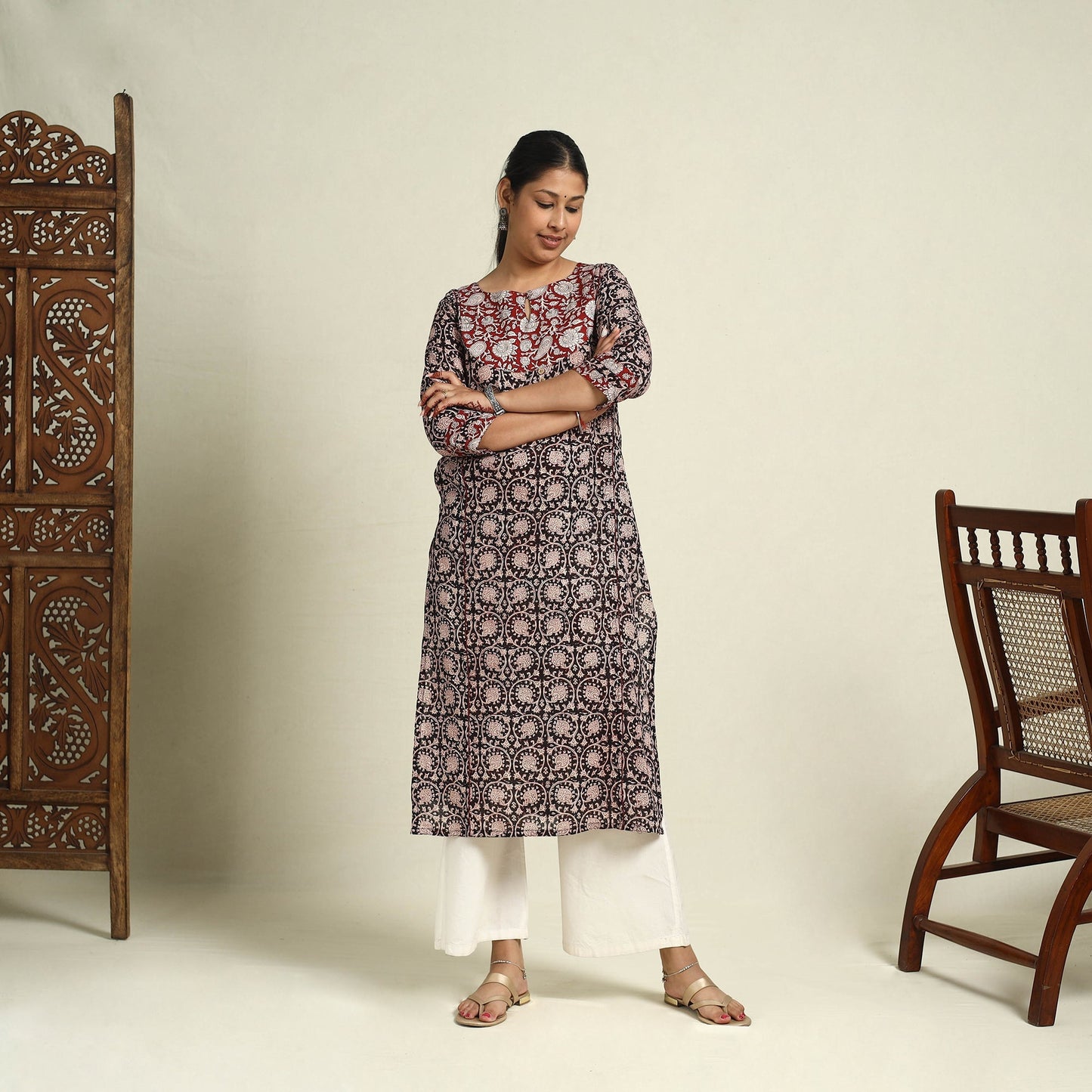 Black Block Print Mul Cotton Straight Bagh Kurta for Women