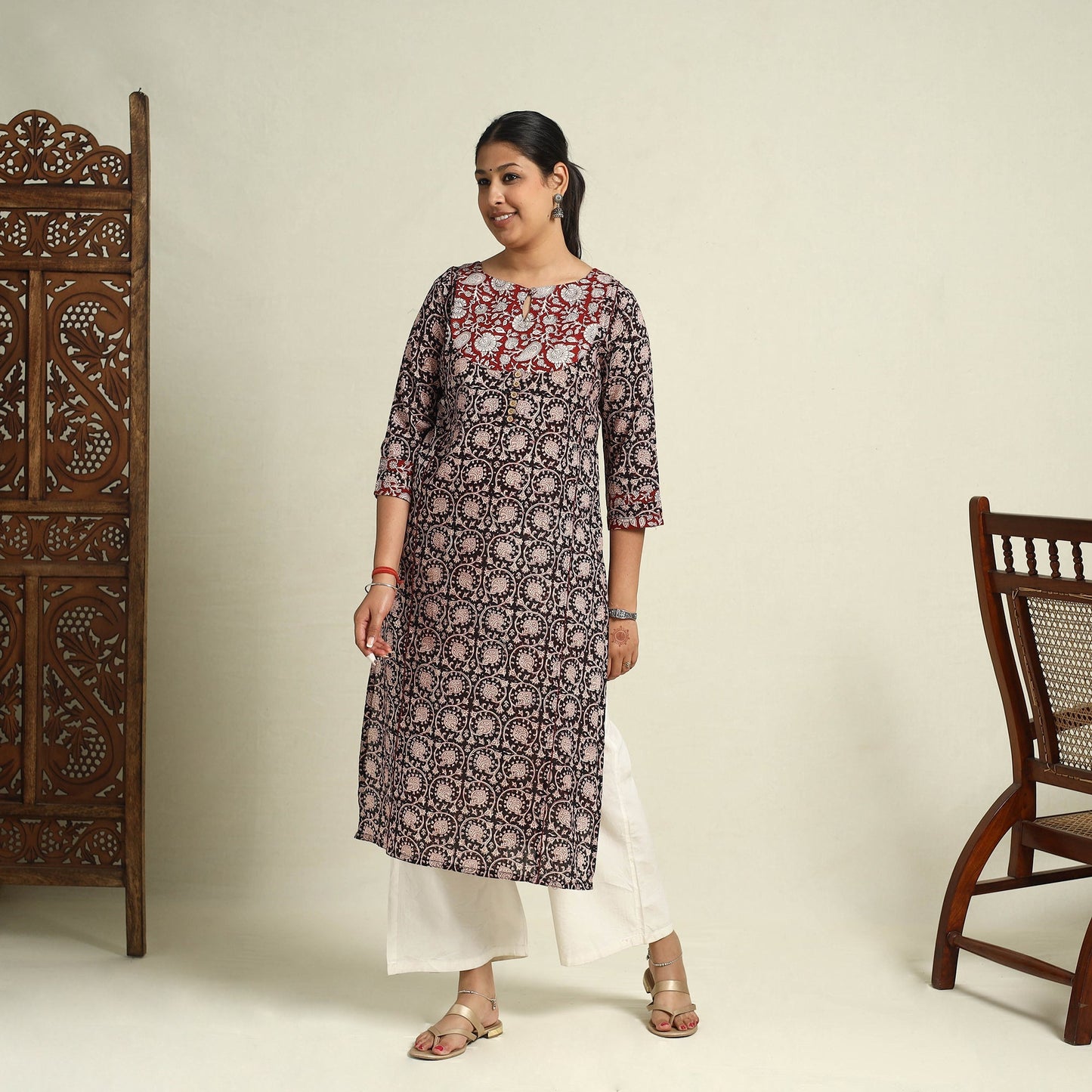Black Block Print Mul Cotton Straight Bagh Kurta for Women