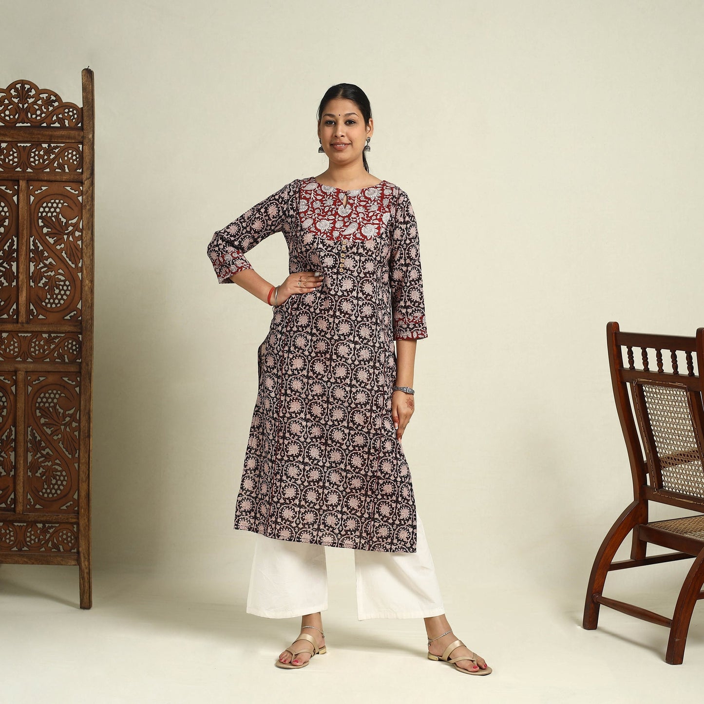 Black Block Print Mul Cotton Straight Bagh Kurta for Women