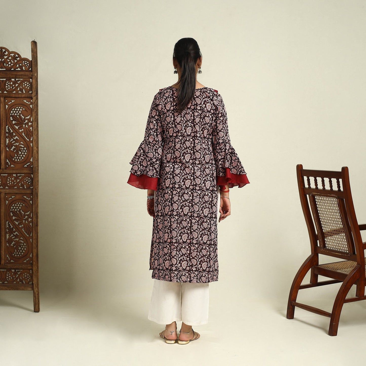 Black Block Print Mul Cotton Straight Bagh Kurta for Women