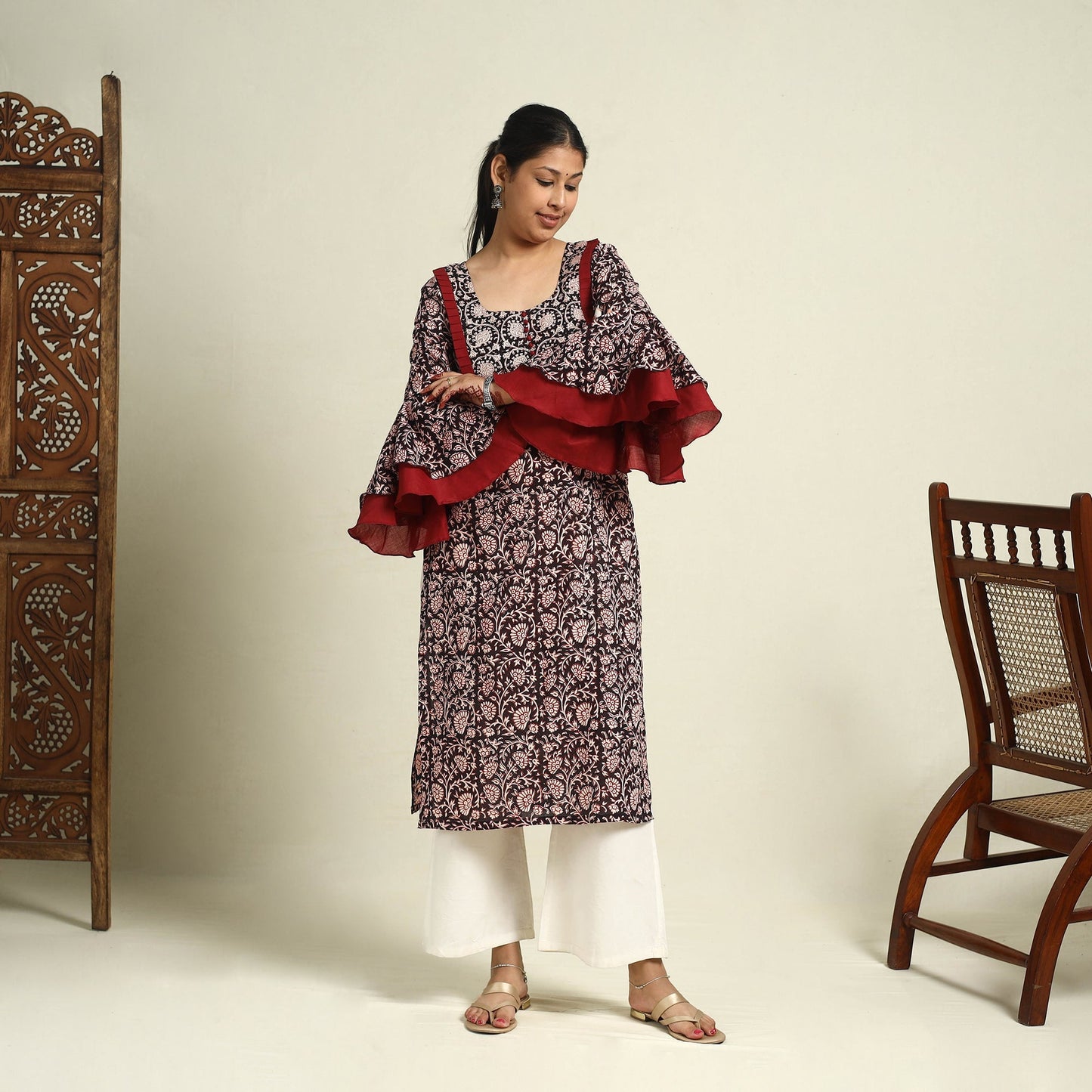 Black Block Print Mul Cotton Straight Bagh Kurta for Women