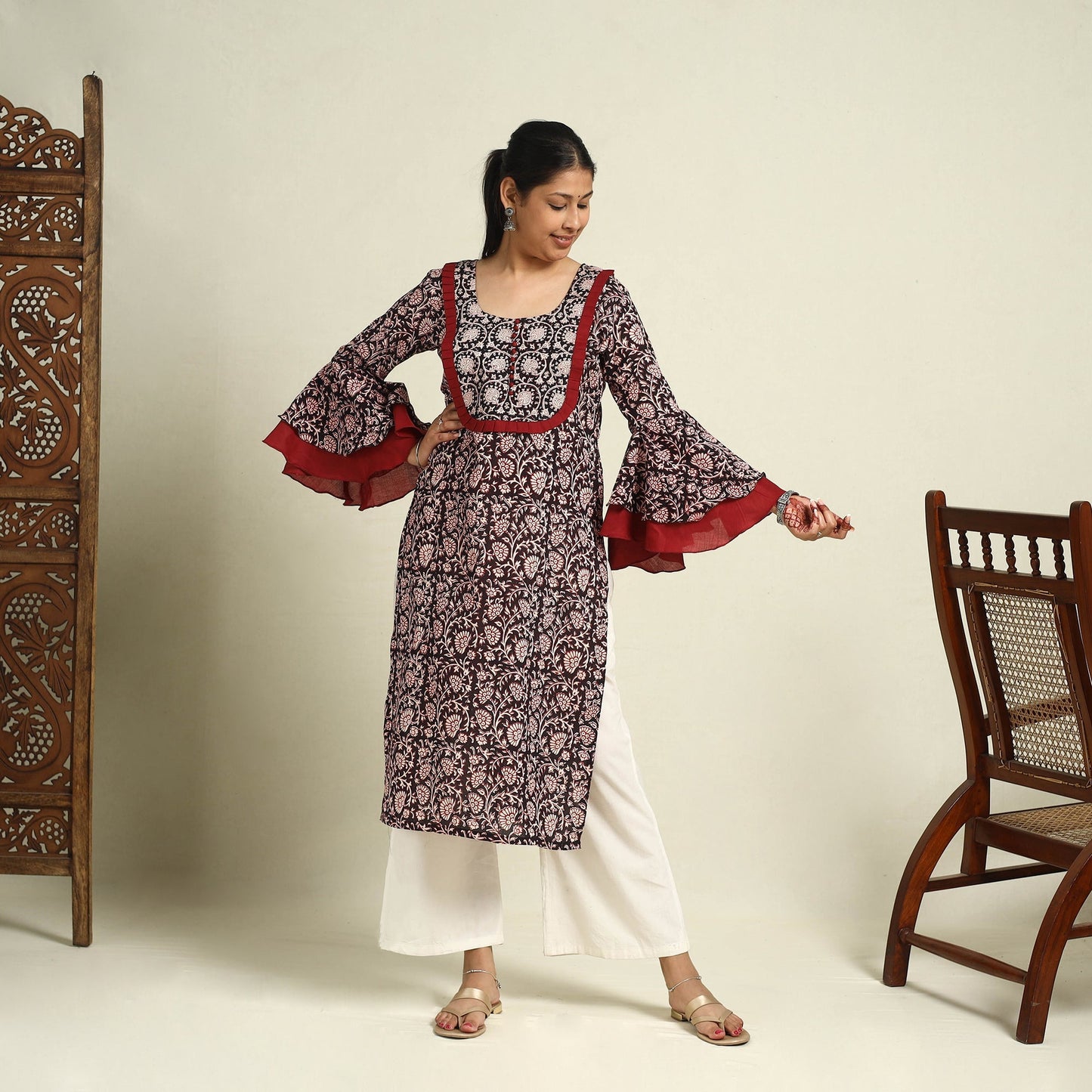 Black Block Print Mul Cotton Straight Bagh Kurta for Women