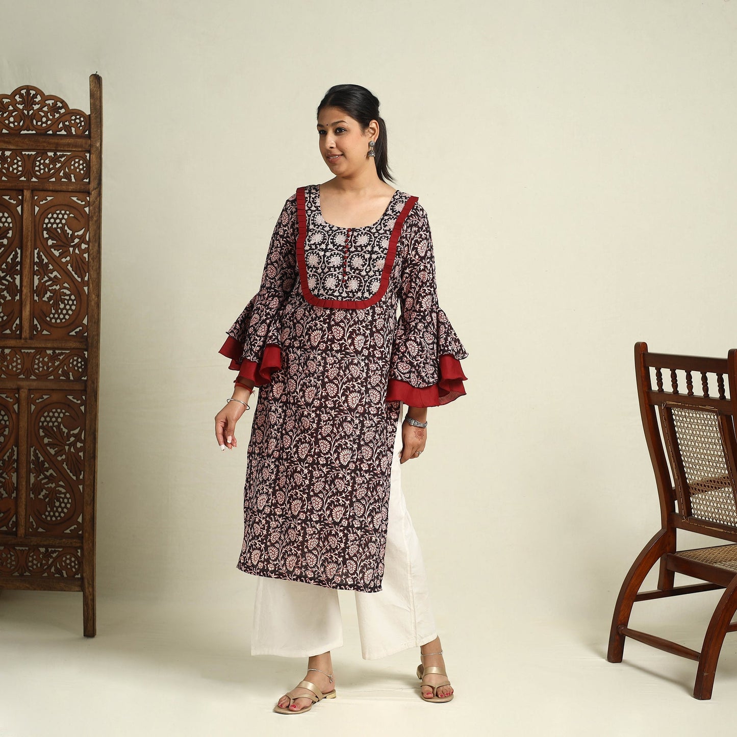 Black Block Print Mul Cotton Straight Bagh Kurta for Women