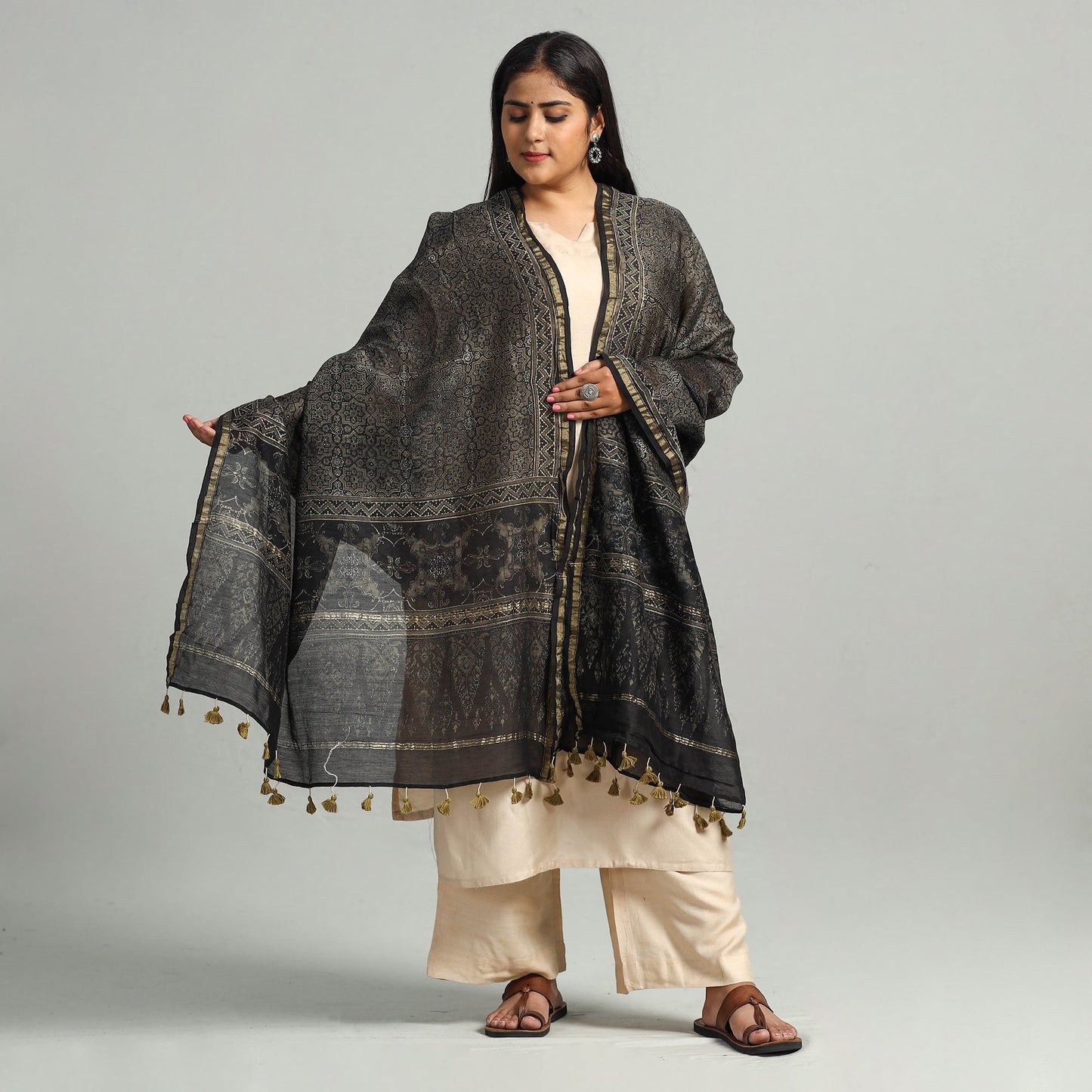 Block Printed Chanderi Silk Handloom Ajrakh Dupatta
