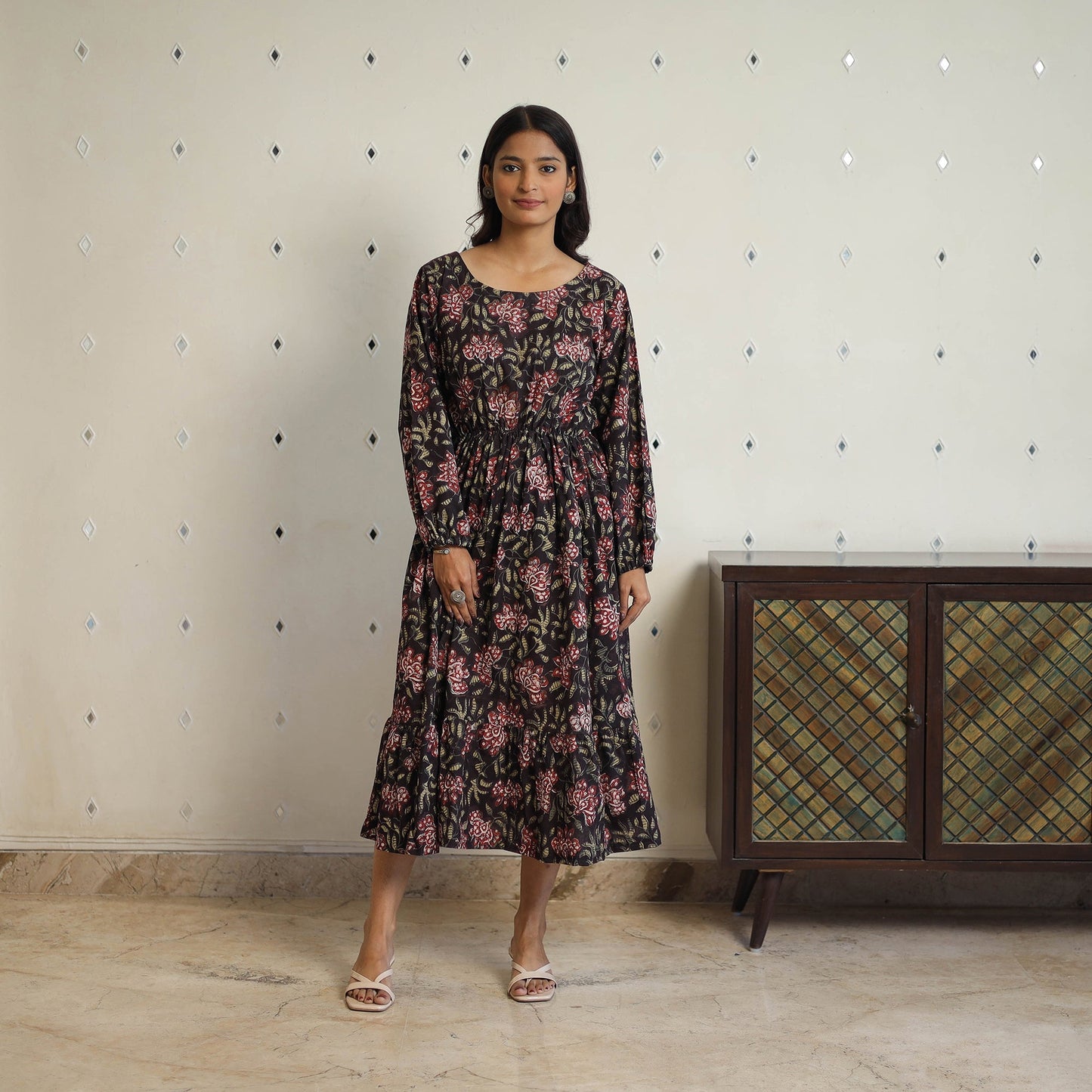 Black Block Printed Cotton Fit & Flare Jahota Dress