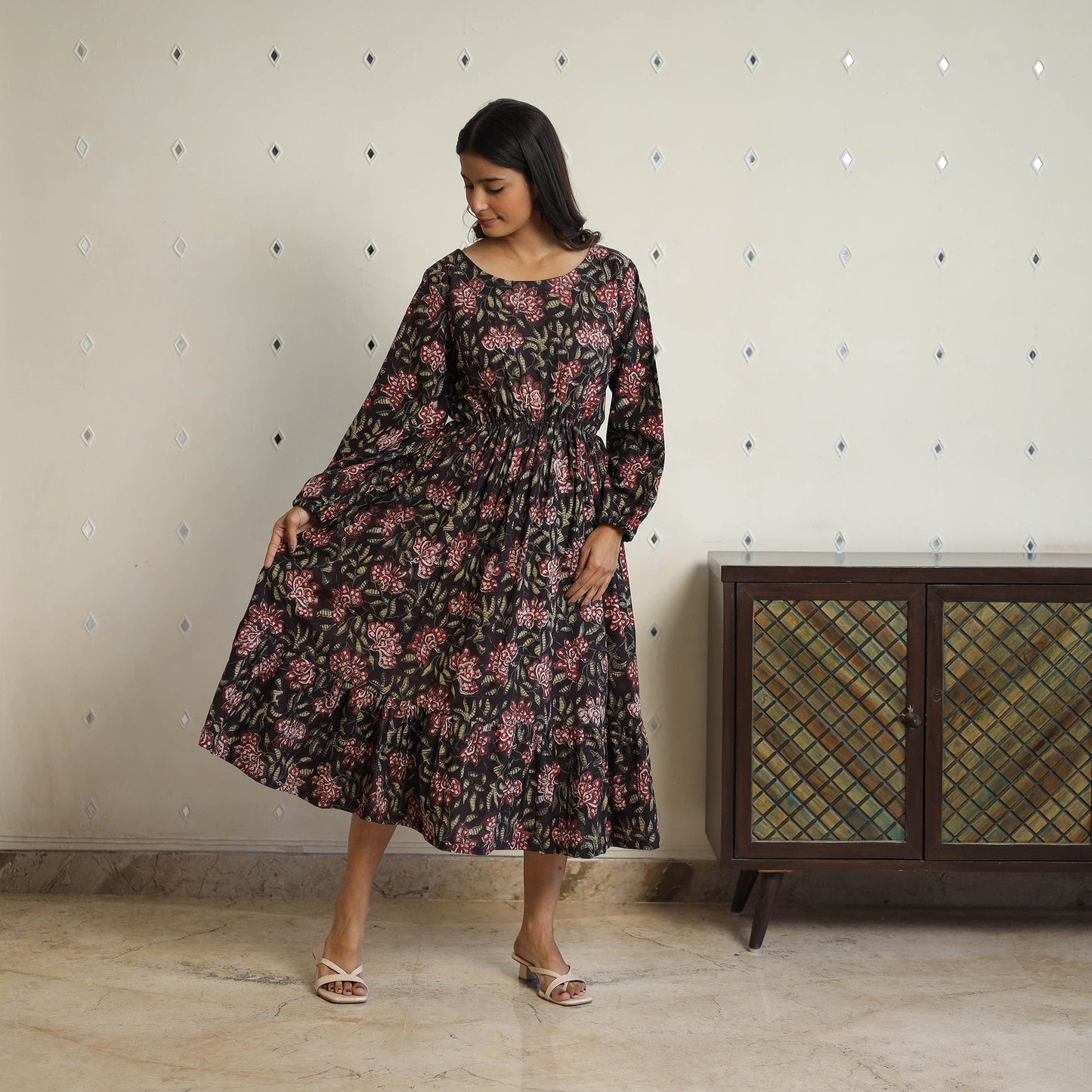 Black Block Printed Cotton Fit & Flare Jahota Dress
