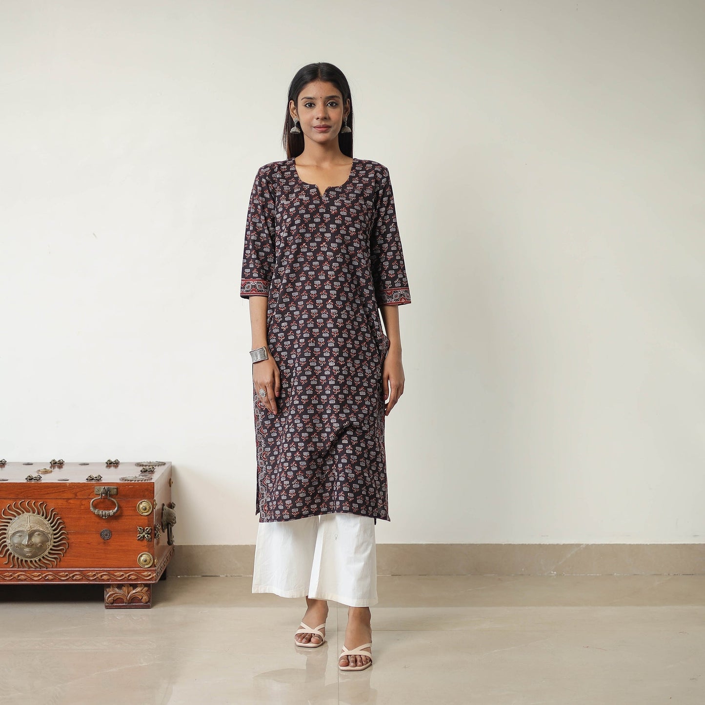 Black Block Printed Cotton Straight Ajrakh Kurta for Women