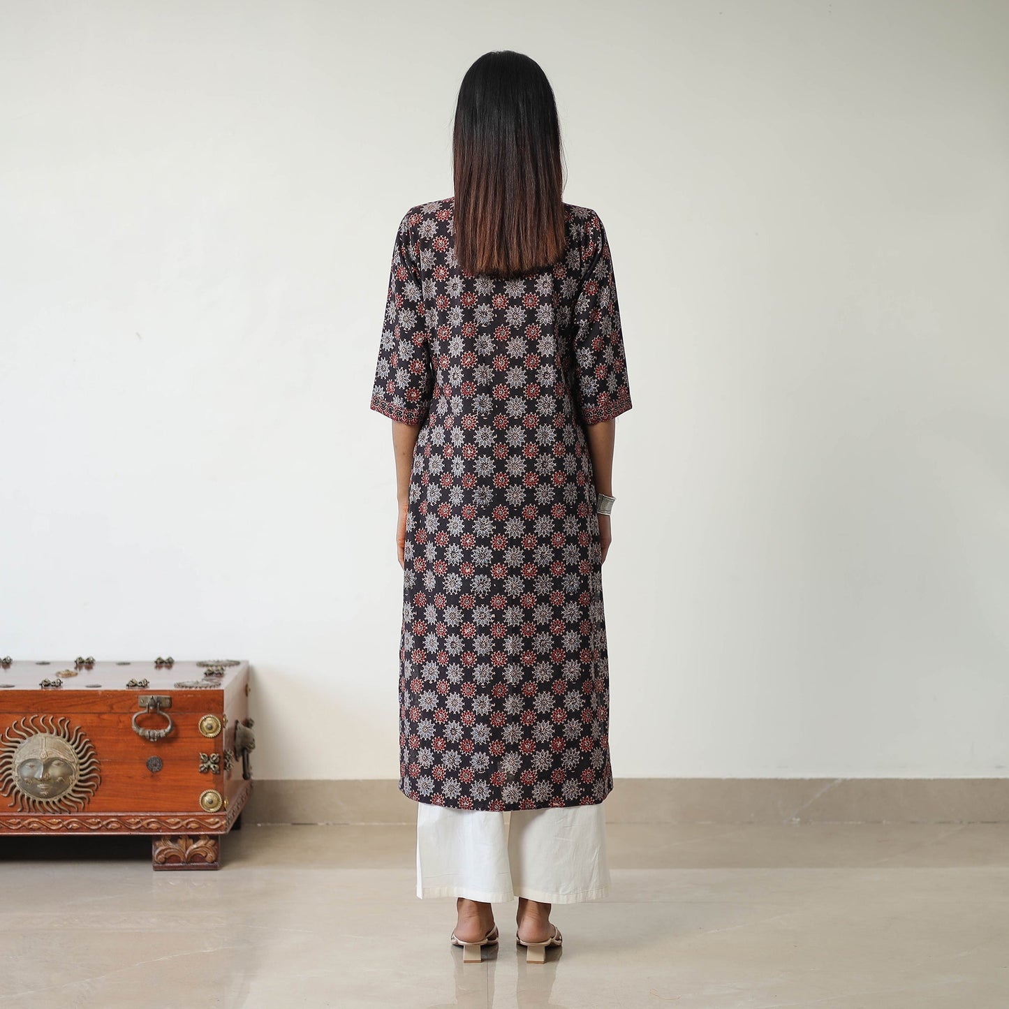 Shop Black Block Printed Cotton Straight Ajrakh Kurta Online