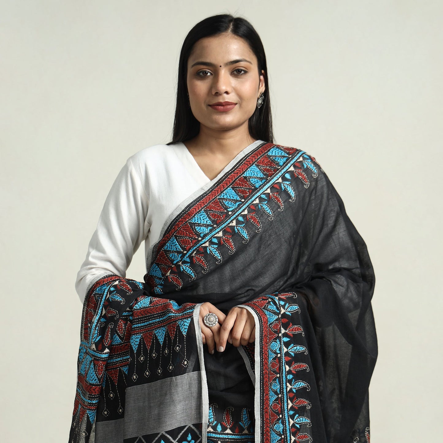 Bolpur Kantha Embroidery Cotton Handloom Dupatta with Tassels