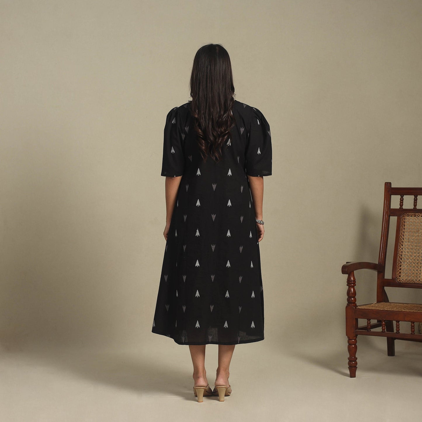 Black - button down cotton jacquard dress 03 - handcrafted