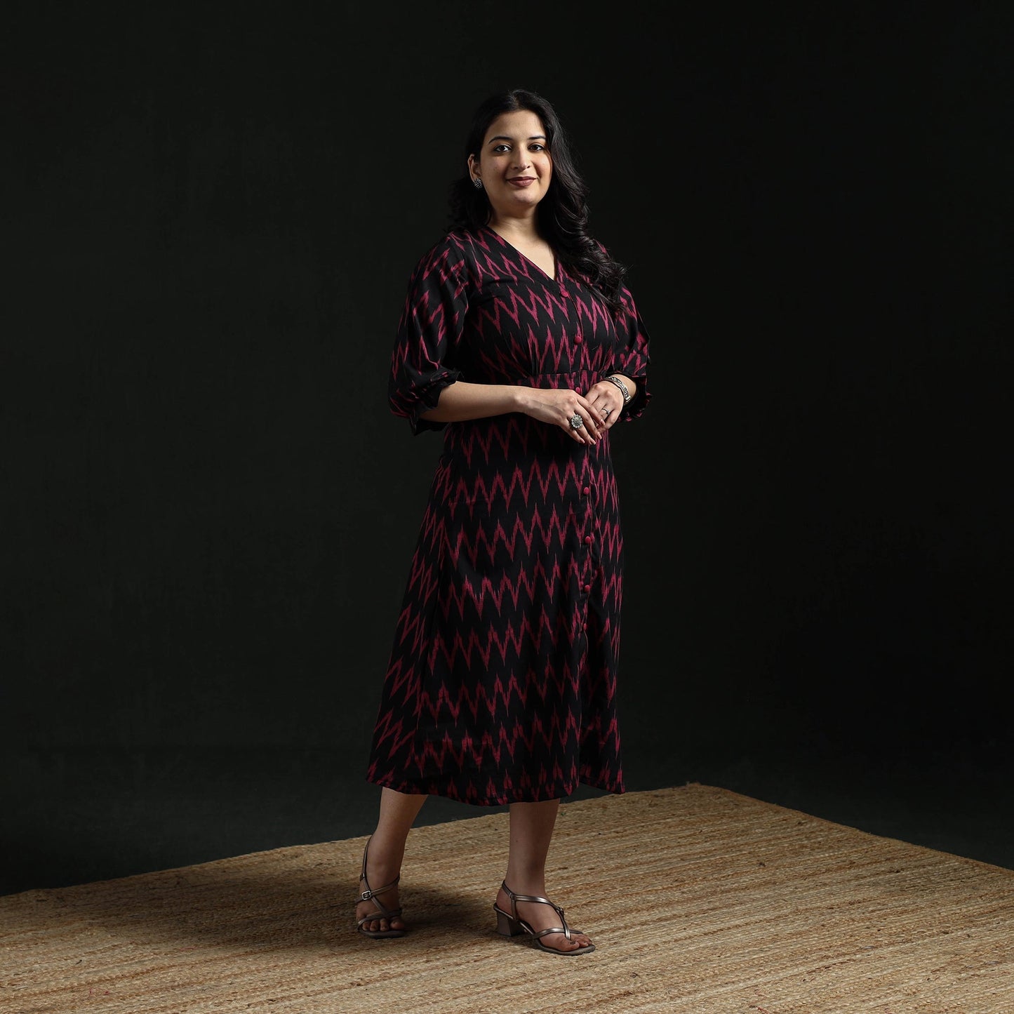 Button down cotton pochampally ikat dress 01 - handcrafted