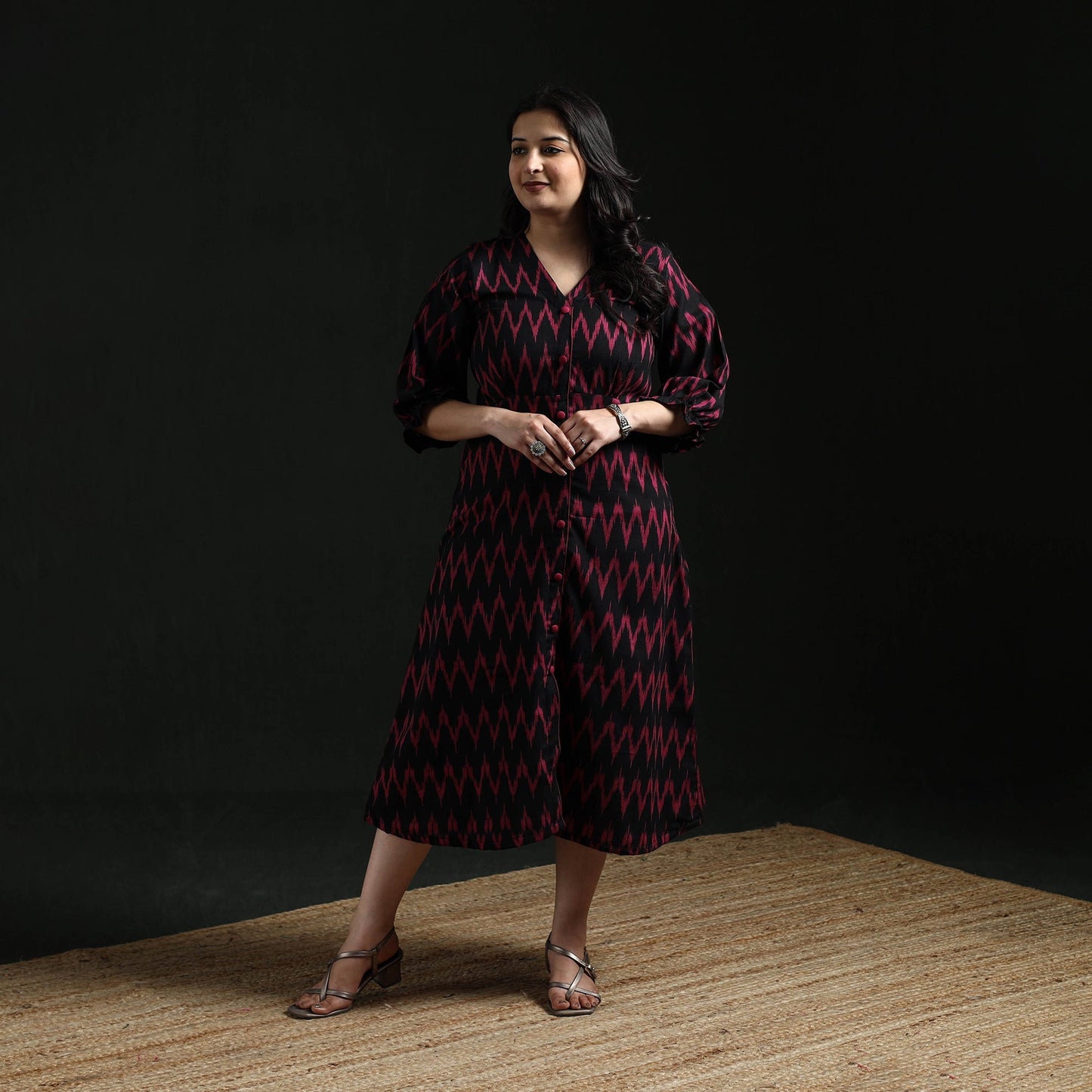 Button down cotton pochampally ikat dress 01 - handcrafted