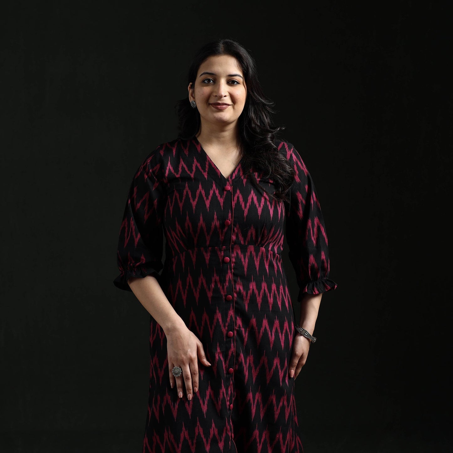 Button down cotton pochampally ikat dress 01 - handcrafted