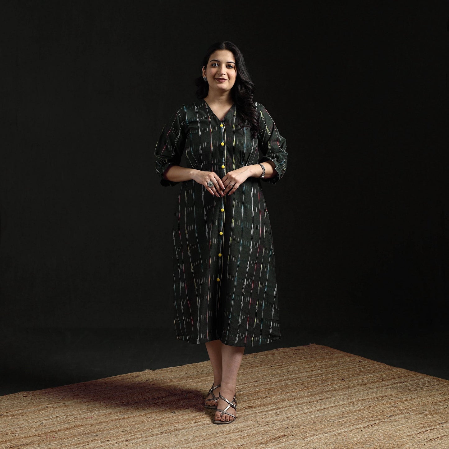 Button down cotton pochampally ikat dress 02 - handcrafted