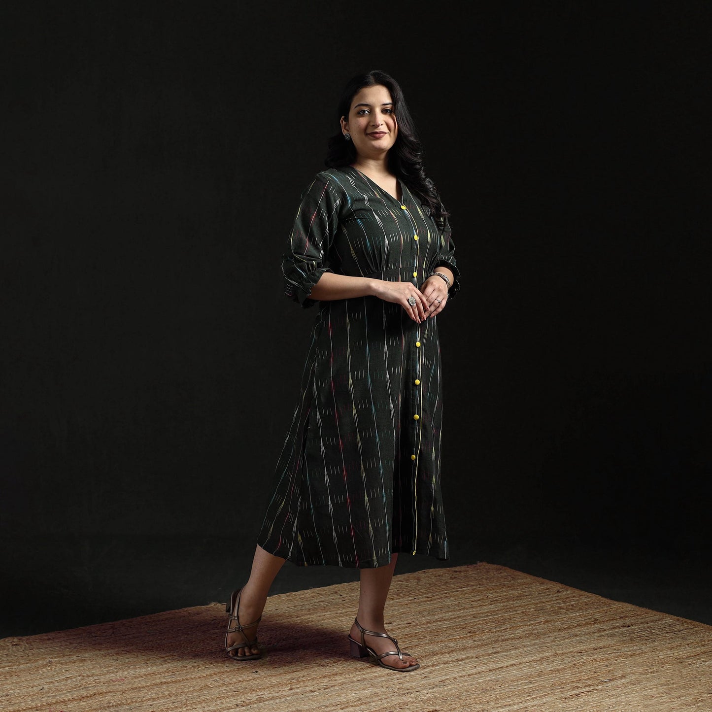 Button down cotton pochampally ikat dress 02 - handcrafted